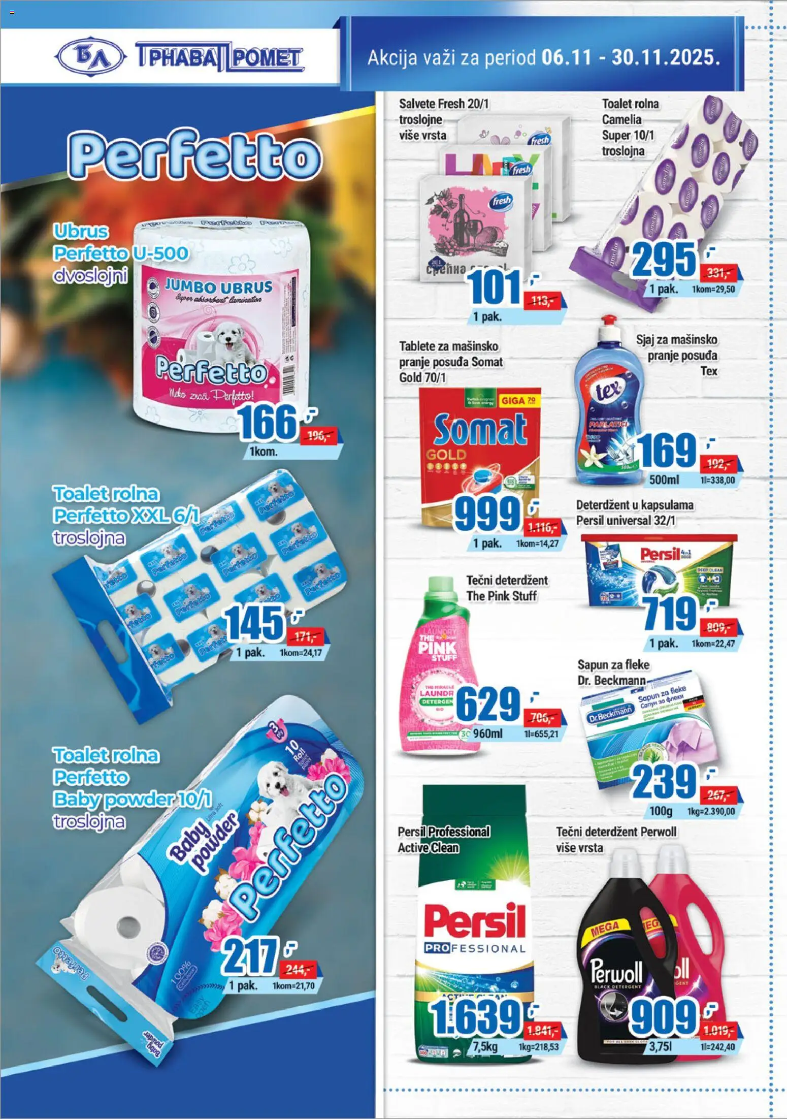 Trnava Promet katalog - važi od 06.11.2025 | Strana: 24 | Proizvode: Tečni deterdžent, Salvete, Ubrus, Persil
