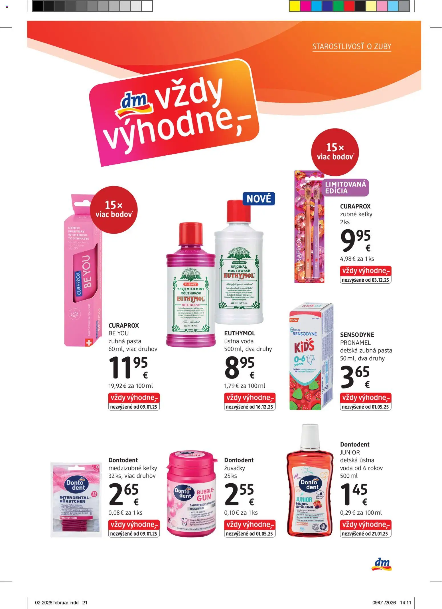 Nové dm drogerie akcie – leták je platný od 01.02.2026 | Strana: 21 | Produkty: Zubná pasta, Ústna voda, Voda, Curaprox