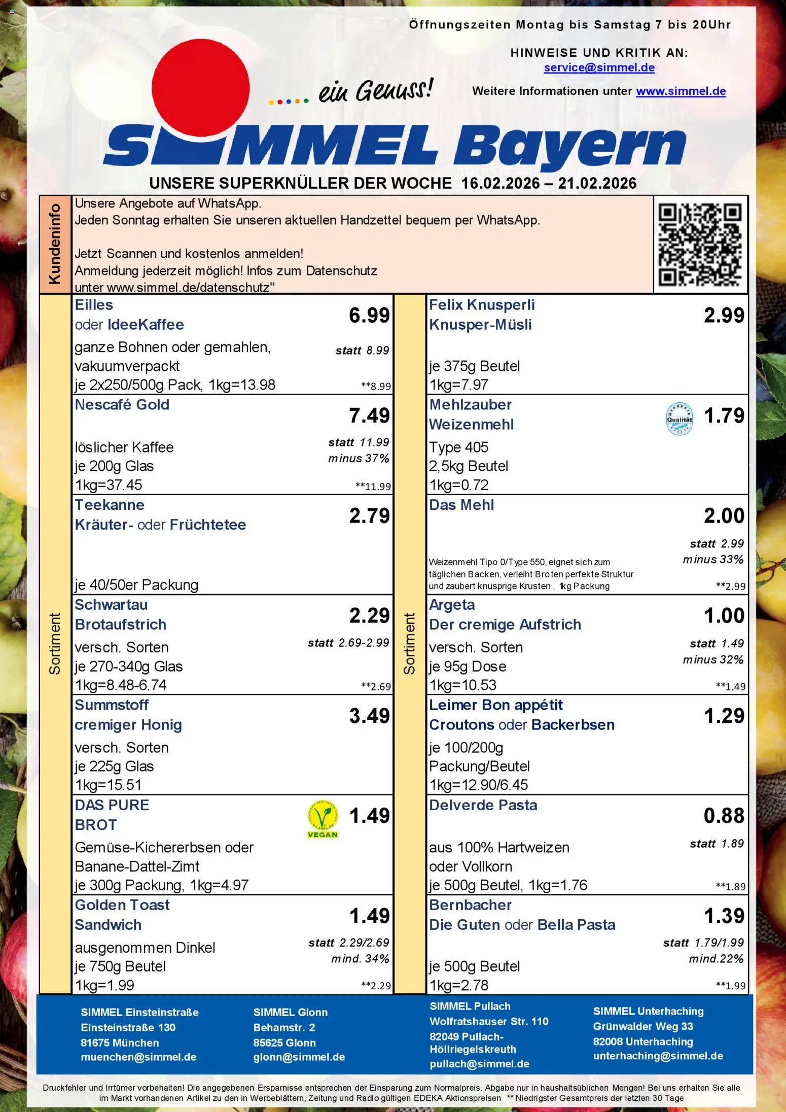 Simmel - Bayern – gültig ab 16.02.2026 | Seite: 1 | Produkte: Toast, Teekanne, Pasta, Brot