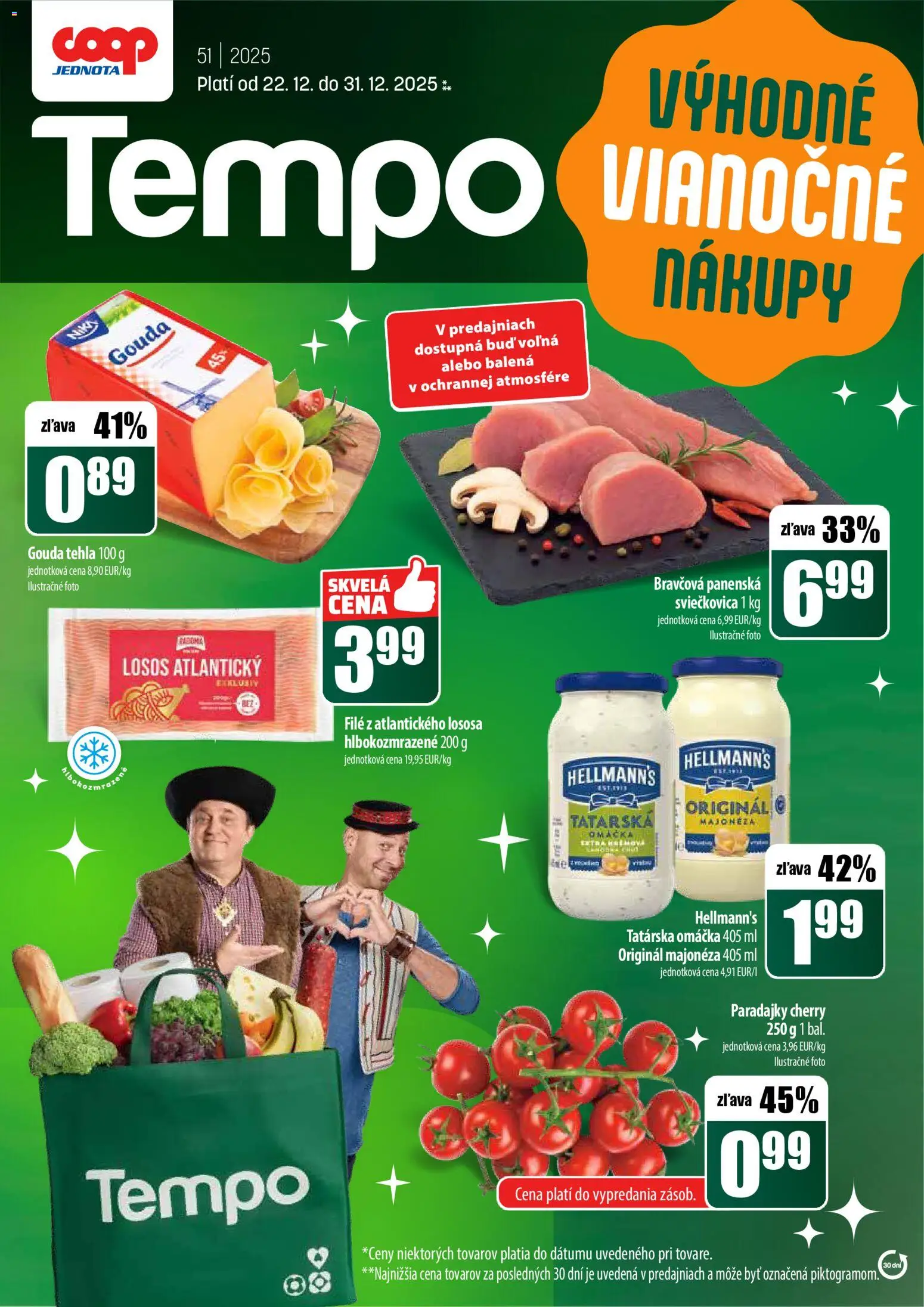 Nové COOP Jednota akcie – leták je platný od 22.12.2025 | Strana: 1 | Produkty: Paradajky, Gouda, Losos, Tatárska omáčka