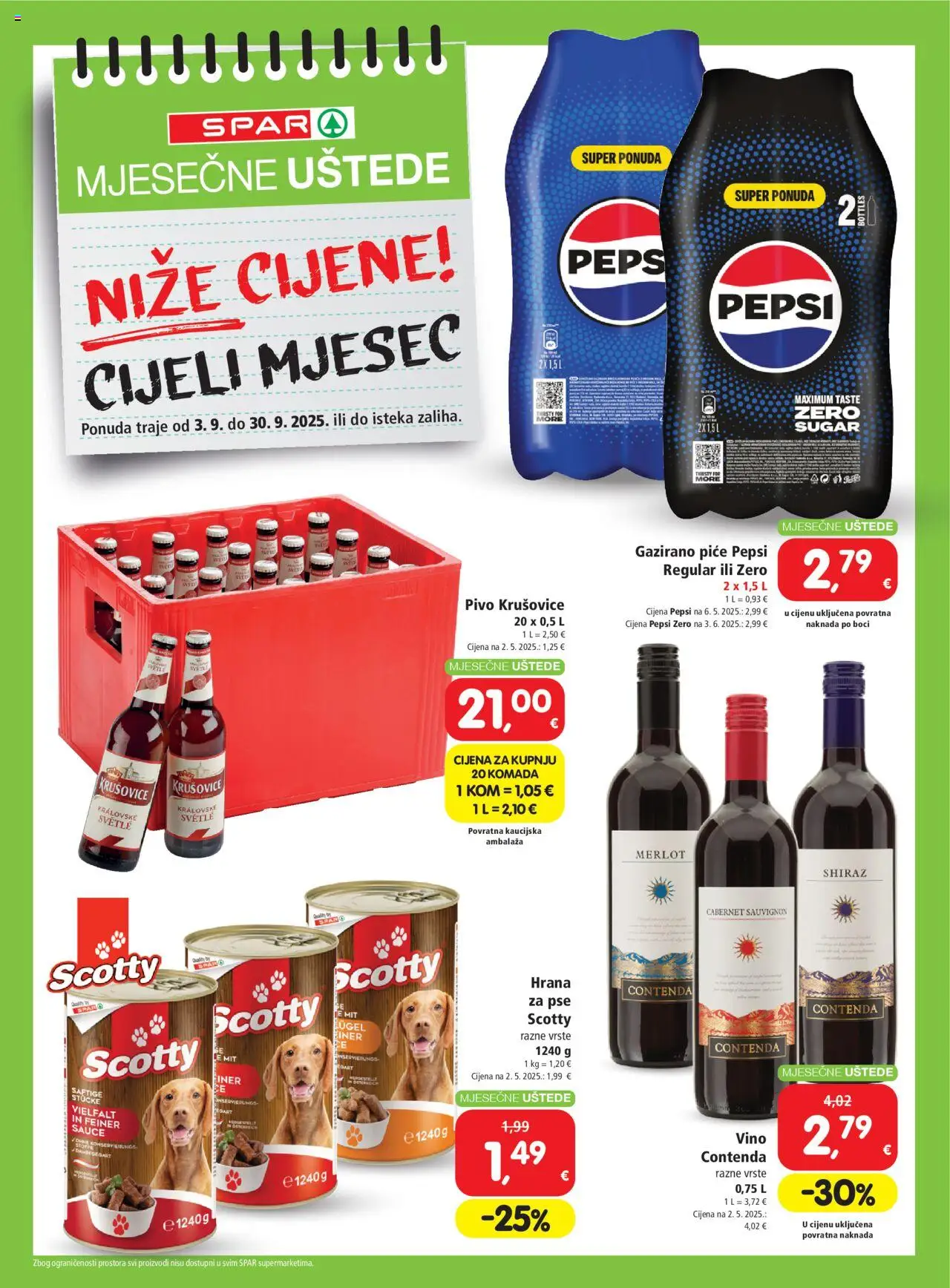 Spar katalog | vrijedi od 03.09.2025 | Stranica: 4 | Proizvodi: Pepsi, Vino, Pivo, Hrana za pse