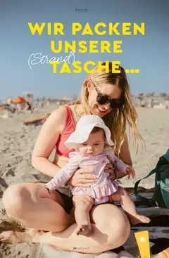 WIR PACKEN UNSERE (Strand) TASCHE ..., Image features a woman and a baby on a beach, implying the content is about packing a beach bag. – gültig ab 13.05.2025 | Seite: 38 | Produkte: Tasche