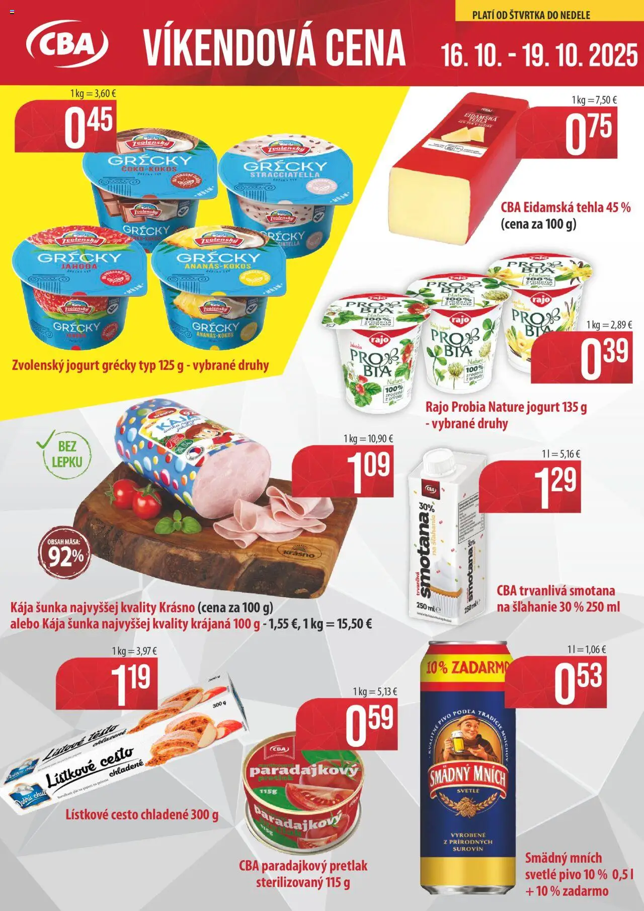 Nové CBA Komfos akcie – leták je platný od 16.10.2025 | Strana: 1 | Produkty: Pivo, Jogurt, Šunka, Smädný Mních