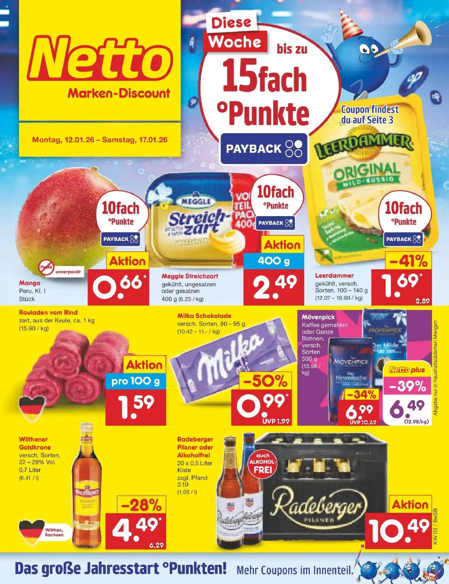 Netto Marken-Discount prospekt Kremmen	 – gültig ab 12.01.2026 | Seite: 1 | Produkte: Wilthener, Milka schokolade, Milka, Mango