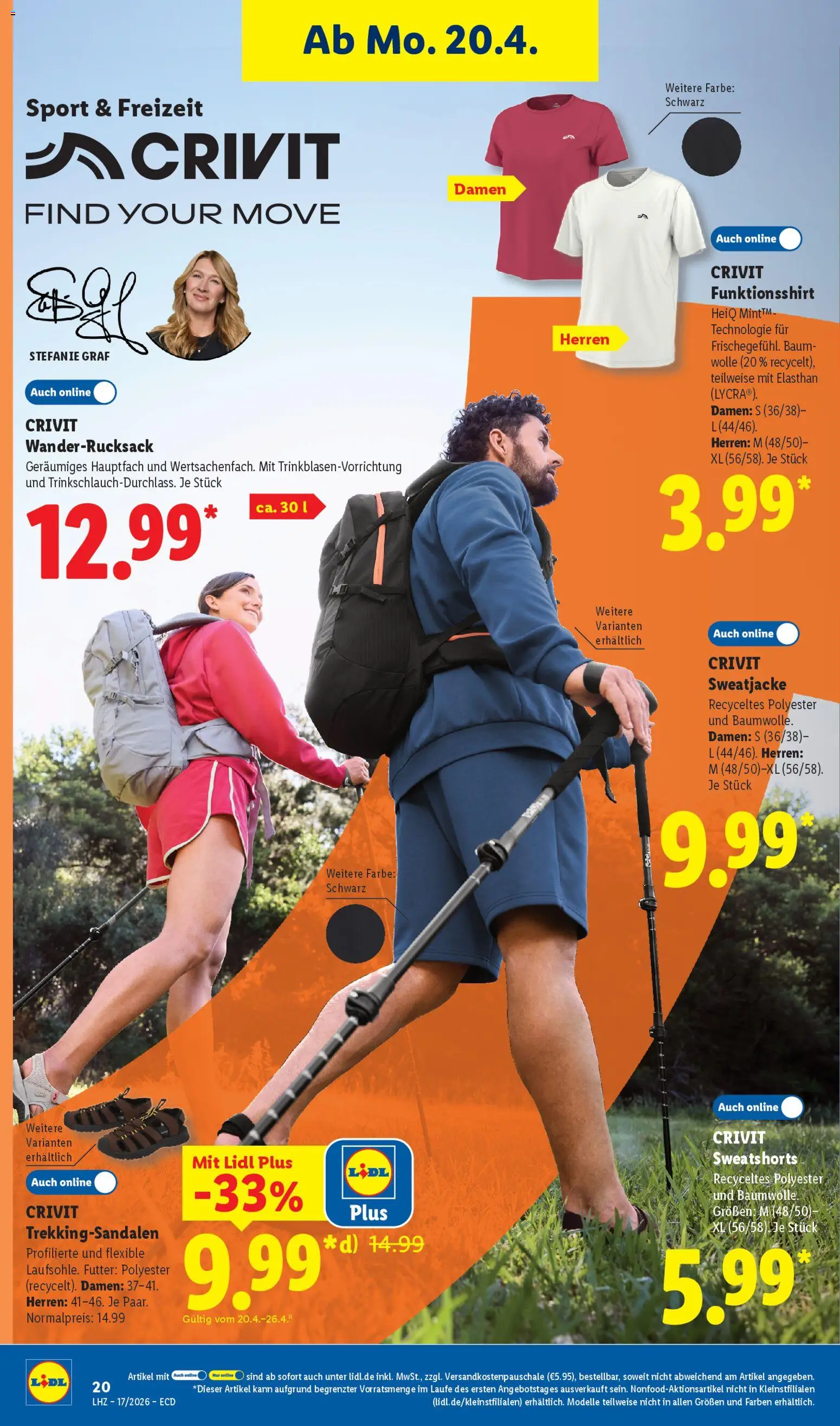 Lidl Prospekt – gültig ab 20.04.2026 | Seite: 8 | Produkte: Sweatjacke, Sweatshorts, Wanderrucksack