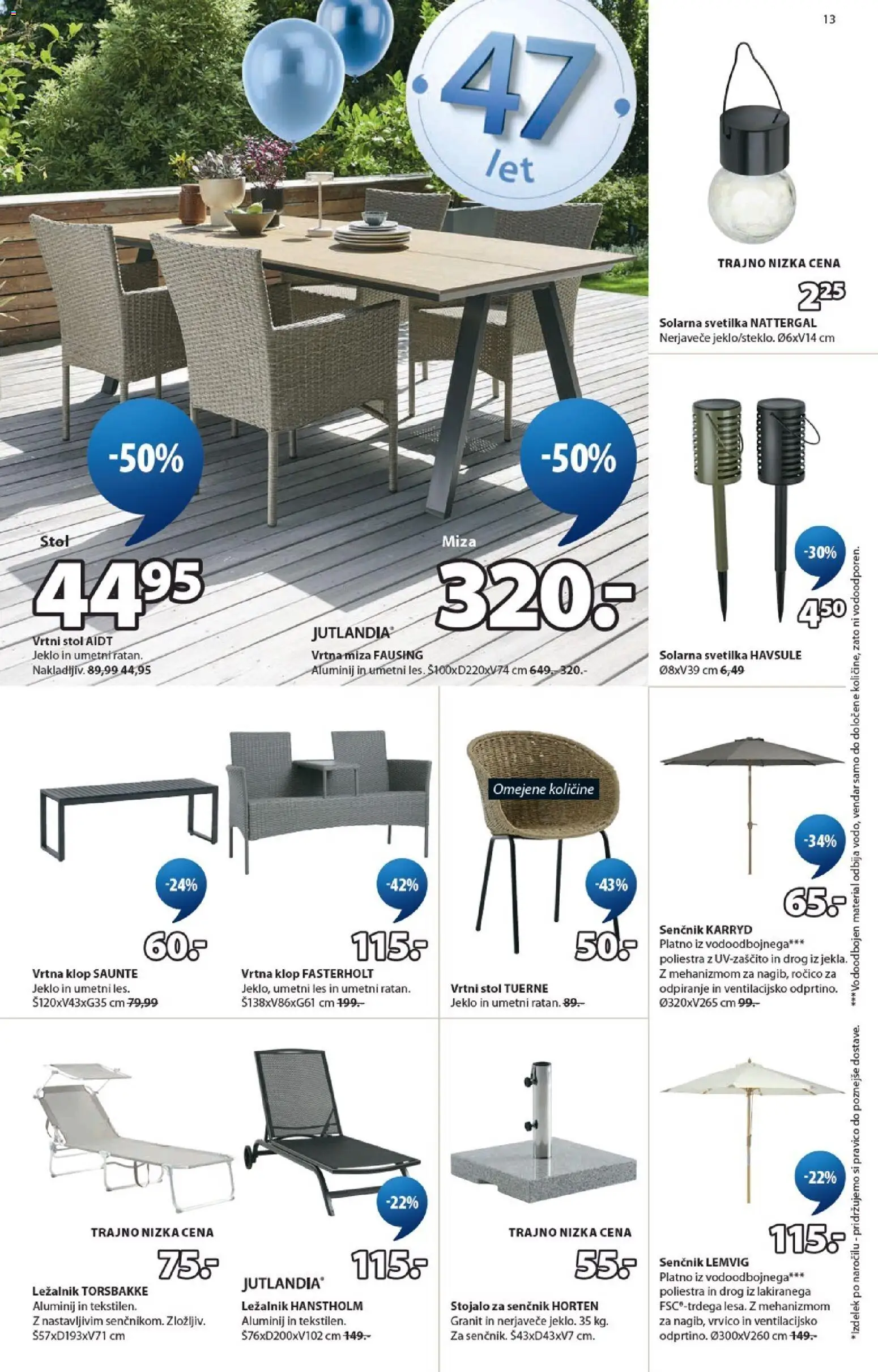 Novi JYSK katalog ponudbe – veljaven od 15.04.2026 | Stran: 13 | Izdelki: Solarna svetilka, Senčnik, Miza, Stol