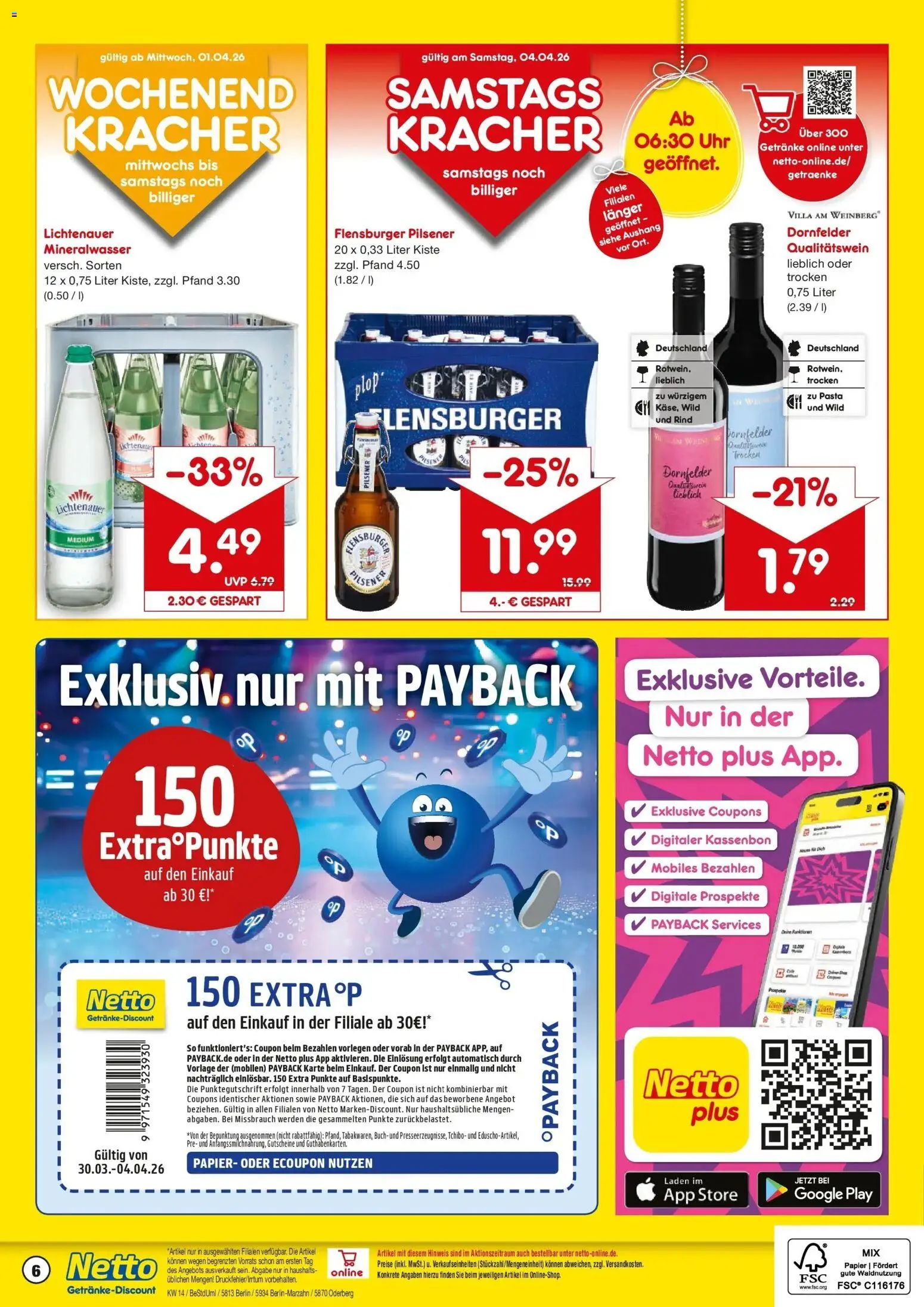 Netto Marken-Discount Prospekt Oderberg	 – gültig ab 30.03.2026 | Seite: 6 | Produkte: Mineralwasser, Flensburger, Pasta, Uhr