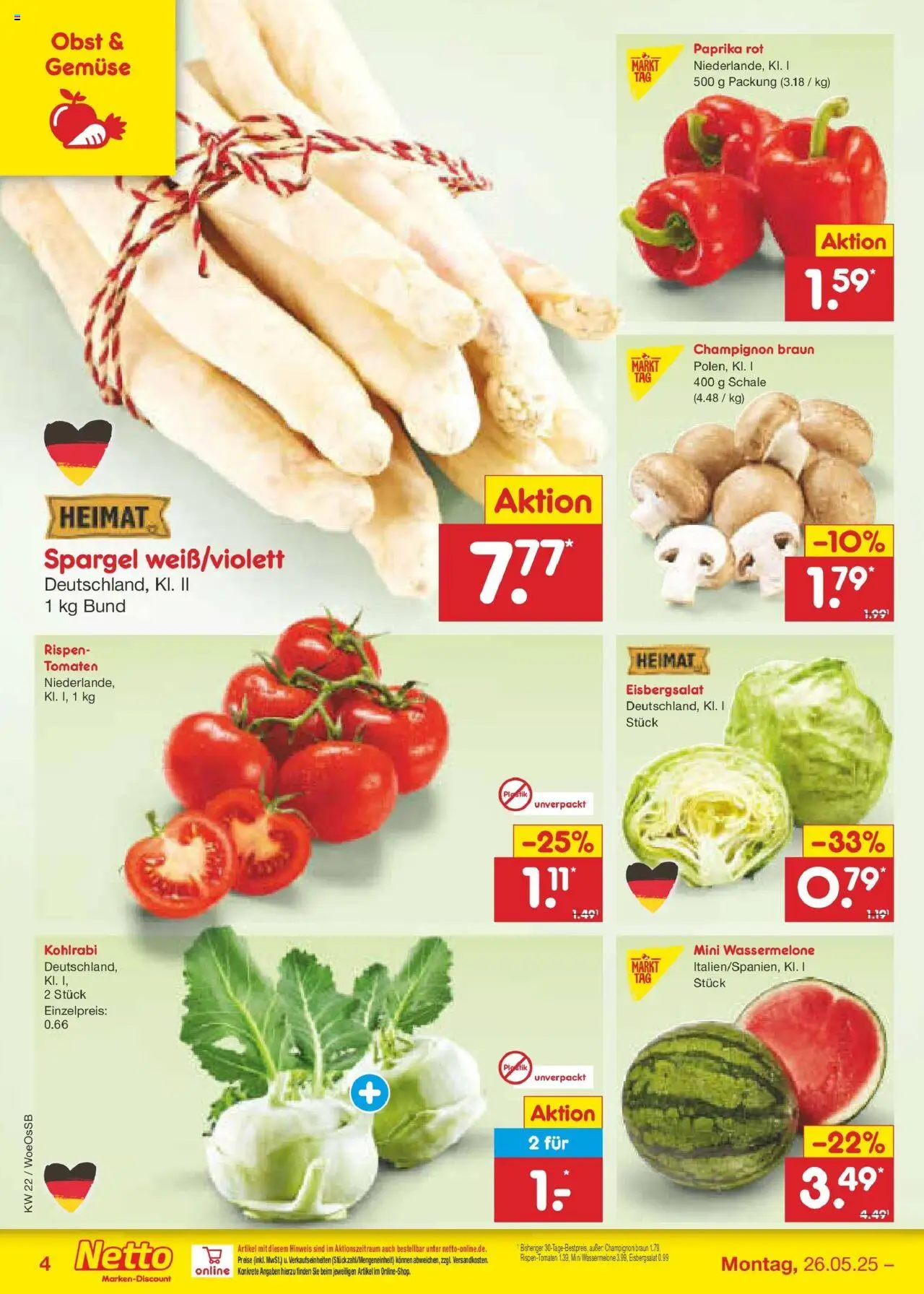 Netto Marken-Discount prospekt Gemmingen	 - gültig ab dem 26.05.2025 | Seite: 4 | Produkte: Paprika rot, Kohlrabi, Eisbergsalat, Paprika