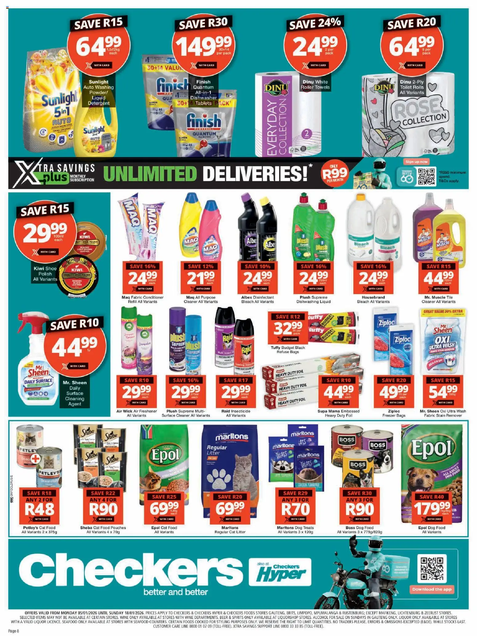 New Checkers catalogue – valid from 05.01.2026 | Page: 8 | Products: Dishwasher, Refuse bags, Cat food, Dishwashing liquid