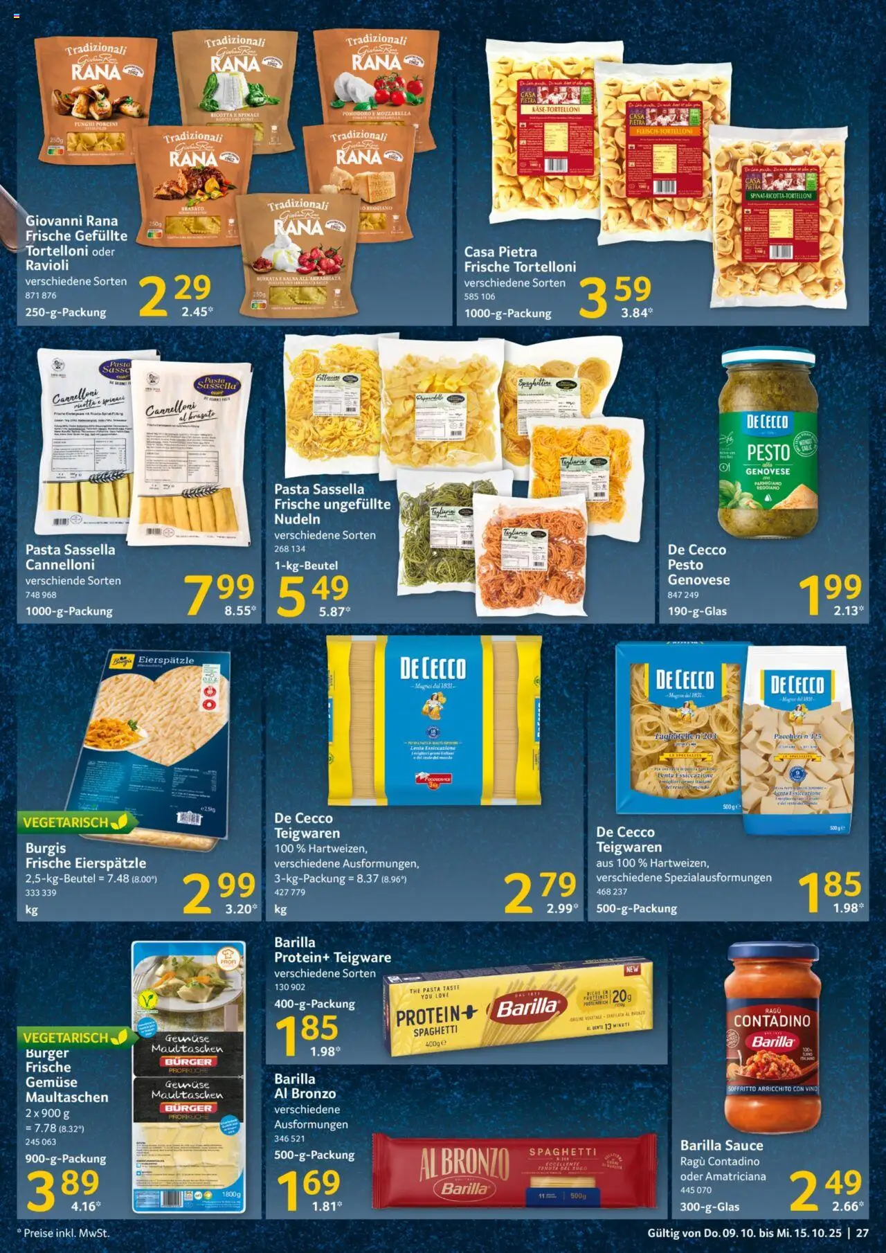 Selgros Prospekt 	 – gültig ab 09.10.2025 | Seite: 27 | Produkte: Barilla, Mozzarella, Pasta, Maultaschen