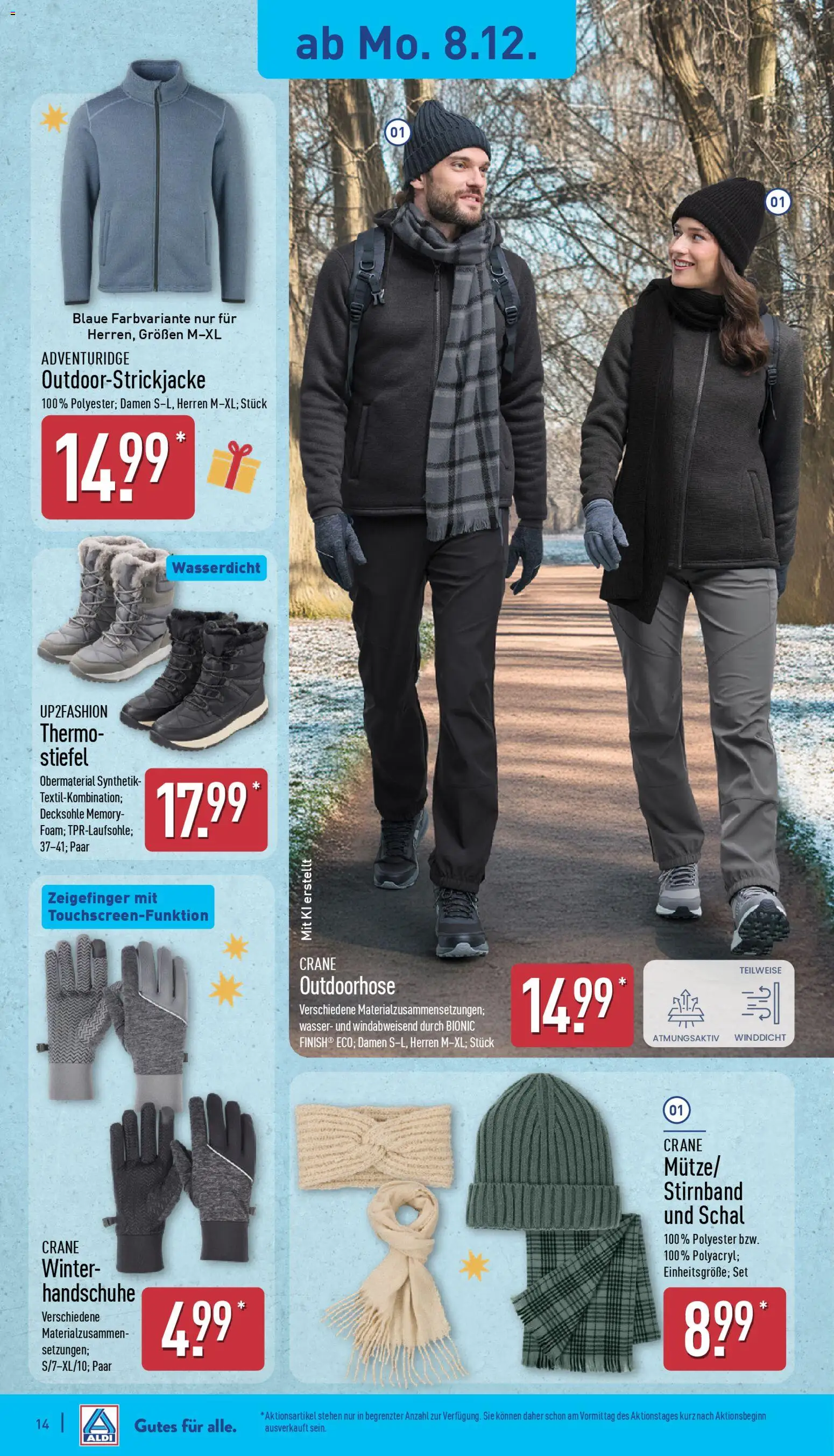 Aldi Prospekt 	 – gültig ab 08.12.2025 | Seite: 14 | Produkte: Up2fashion, Wasser, Stiefel, Schal