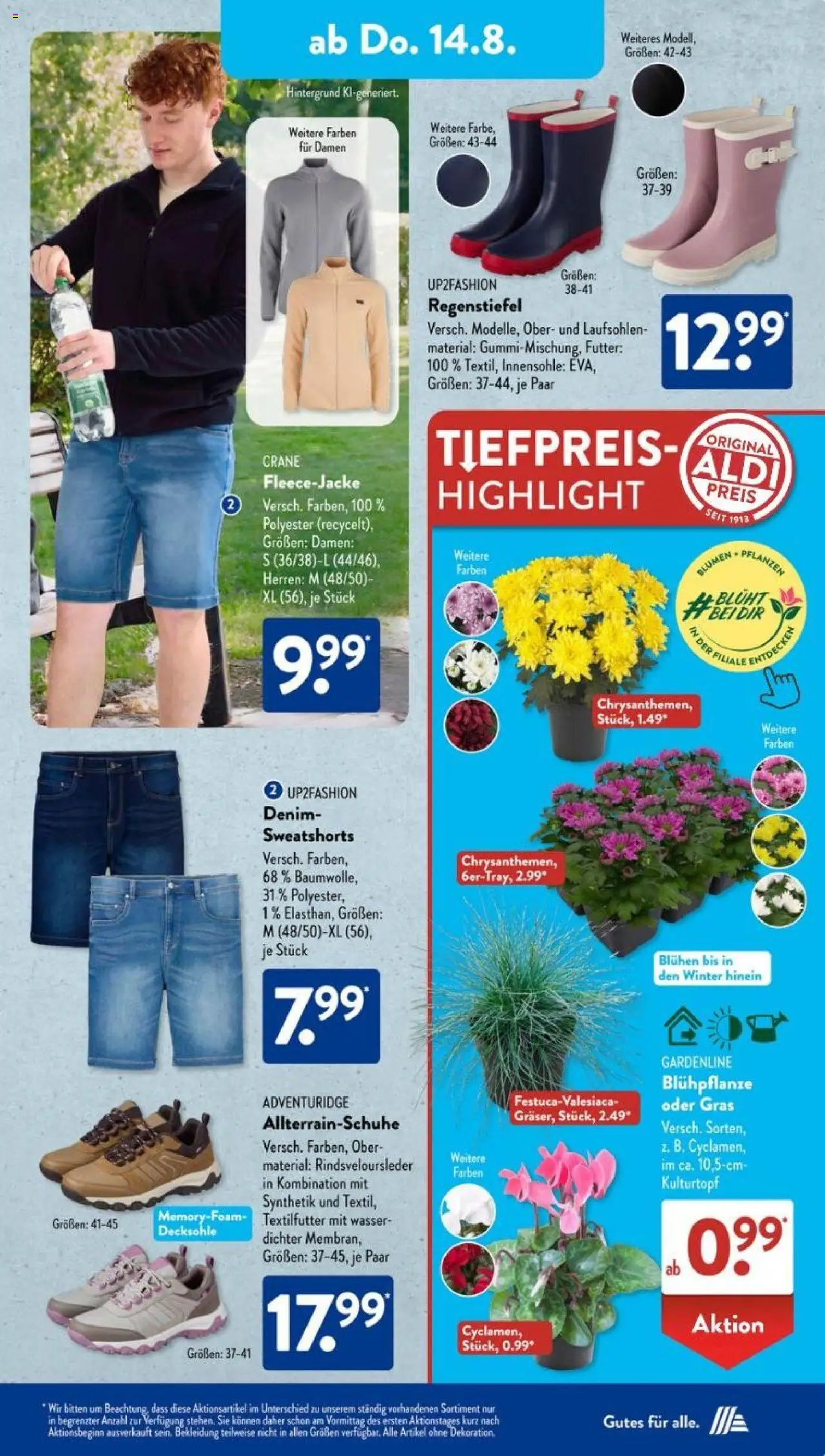 Aldi Süd Prospekt 	 - gültig ab dem 11.08.2025 | Seite: 13 | Produkte: Up2fashion, Sweatshorts, Blumen, Bekleidung