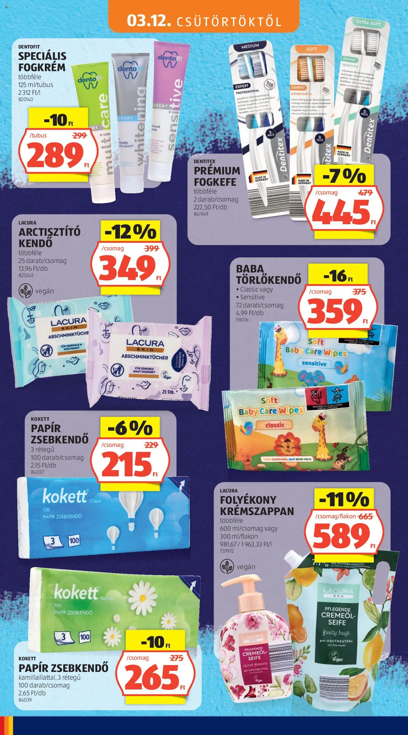 Aldi akciós ujság - amely érvényes a következő dátumtól: 12.03.2026 | Oldal: 22 | Termékek: Kendő, Arctisztító kendő, Fogkrém, Vegán