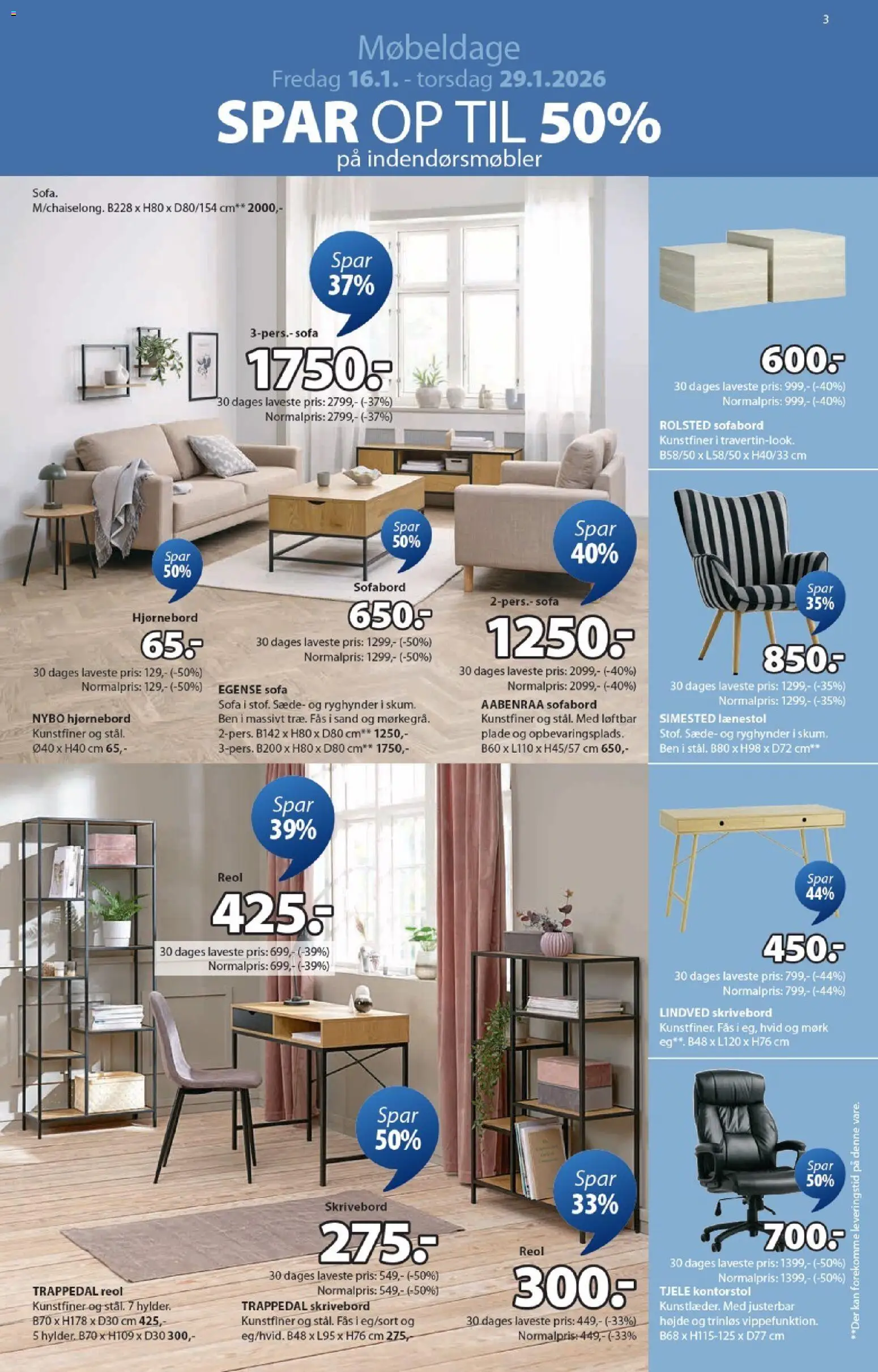 JYSK tilbudsavis – gyldig fra 16.01.2026 | Side: 3 | Produkter: Sofabord, Sofa, Lænestol, Skrivebord