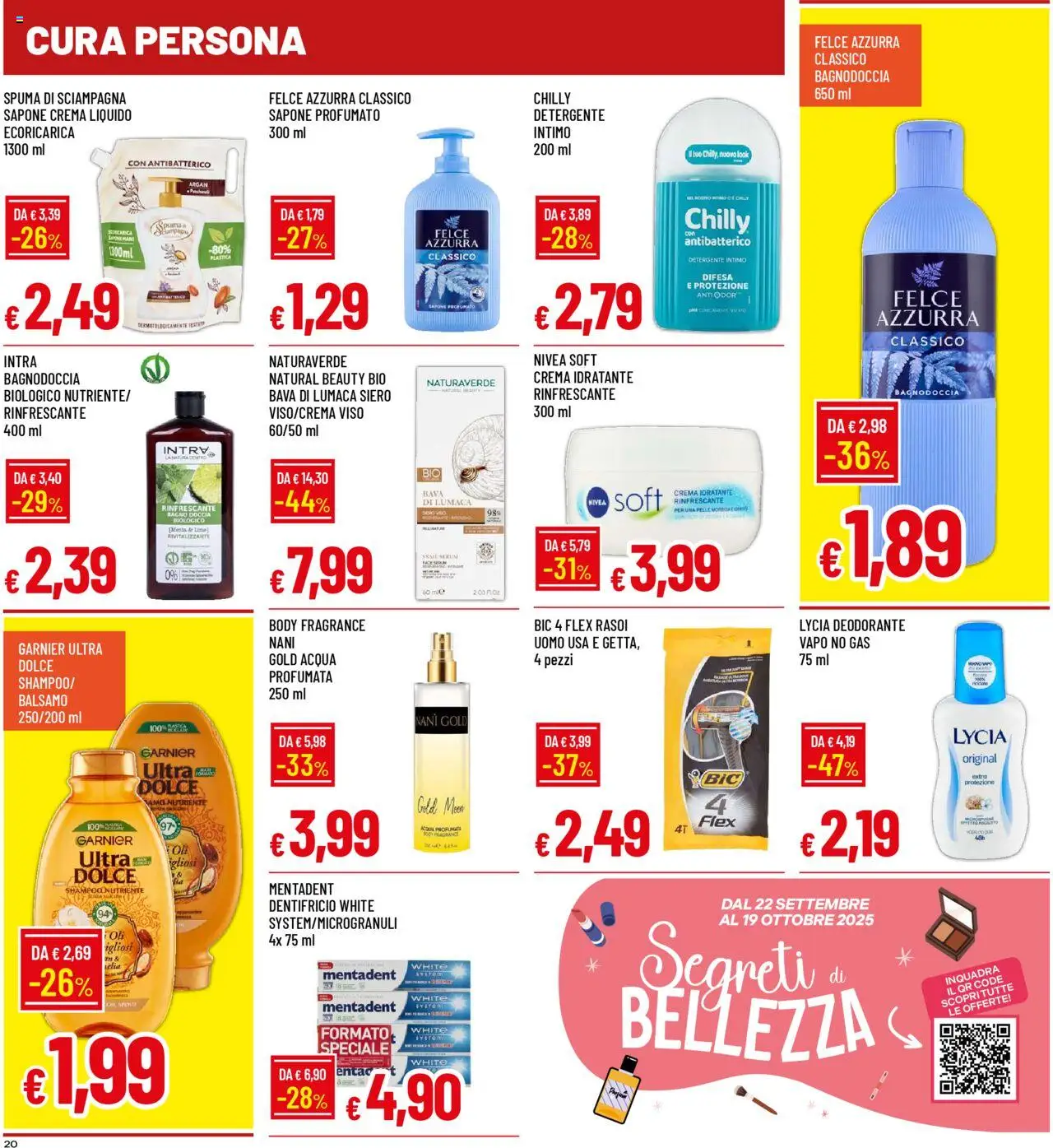 Volantino Famila del 22.09.2025 | Pagina: 20 | Prodotti: Detergente, Acqua, Bagno, Doccia