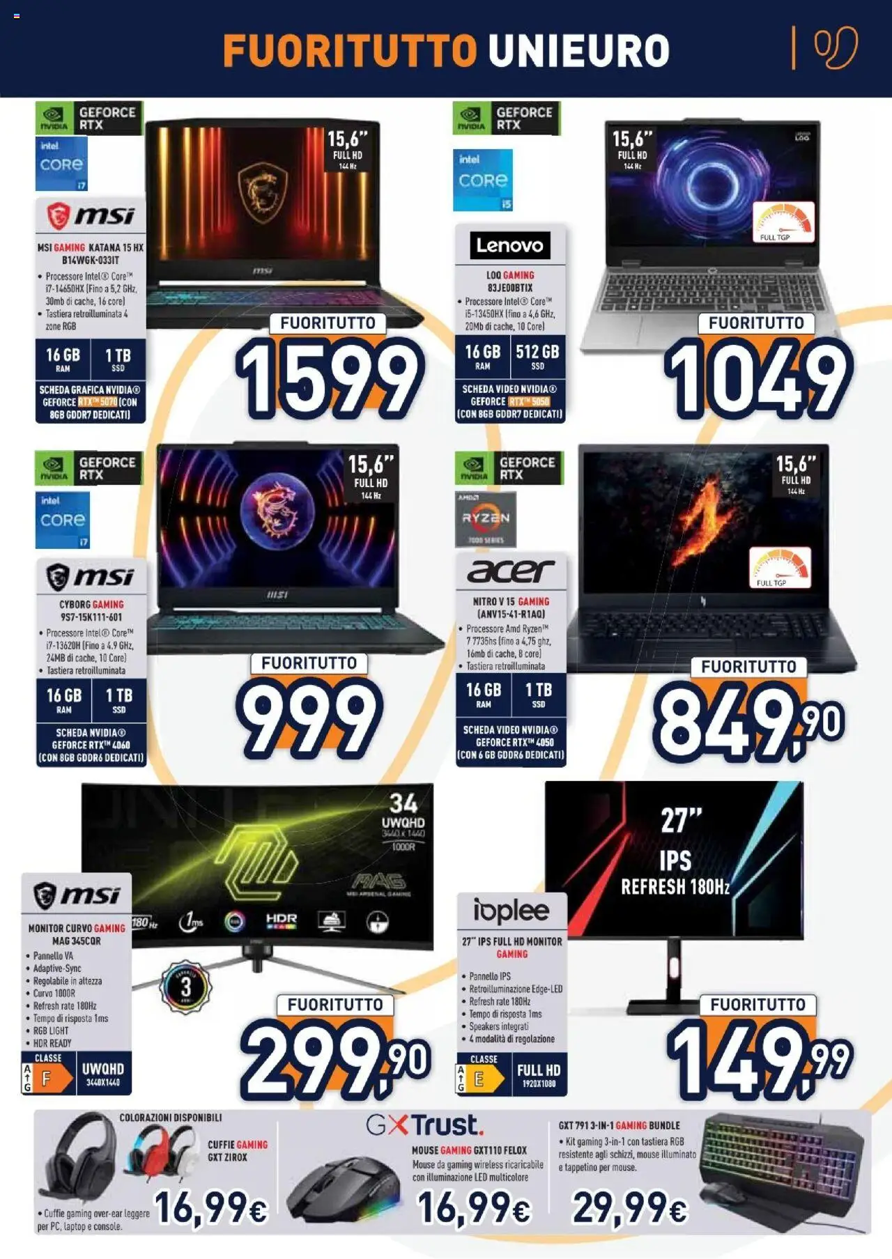 Volantino Unieuro del 01.08.2025 | Pagina: 13 | Prodotti: Monitor, Mouse, Tastiera, Cuffie