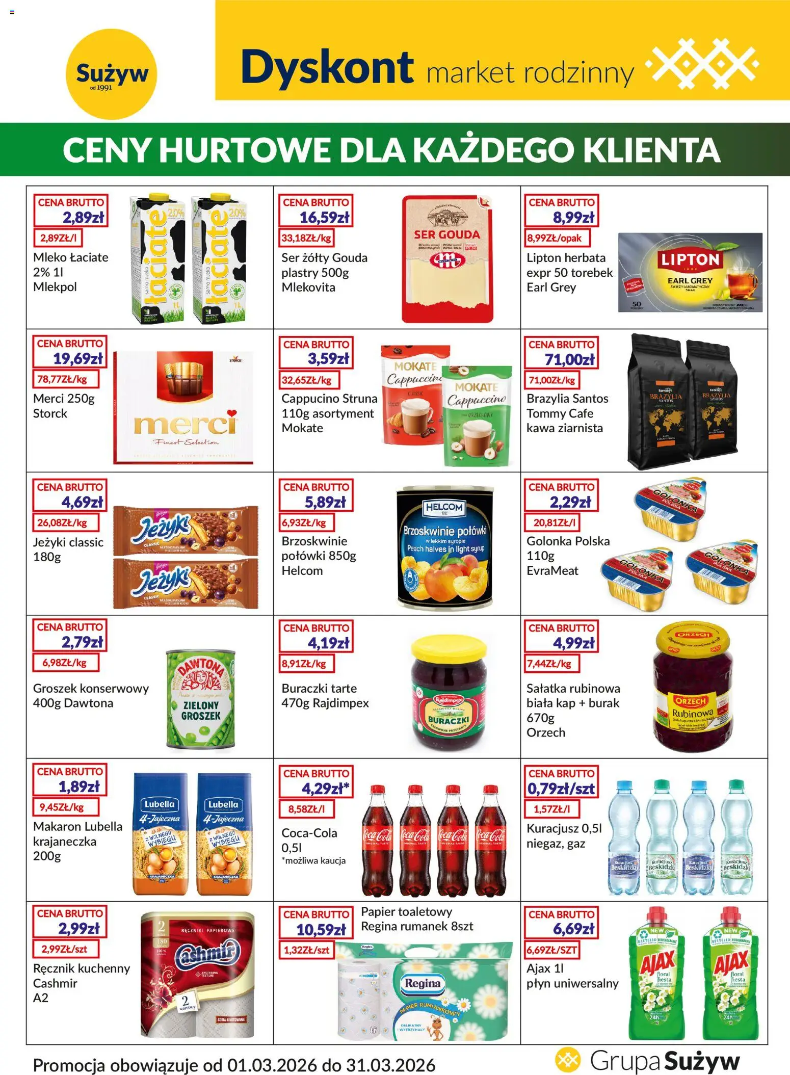 Sużyw gazetka - Dyskont od 01.03.2026 | Strona: 1 | Produkty: Kapusta, Kawa ziarnista, Brzoskwinie, Sałatka