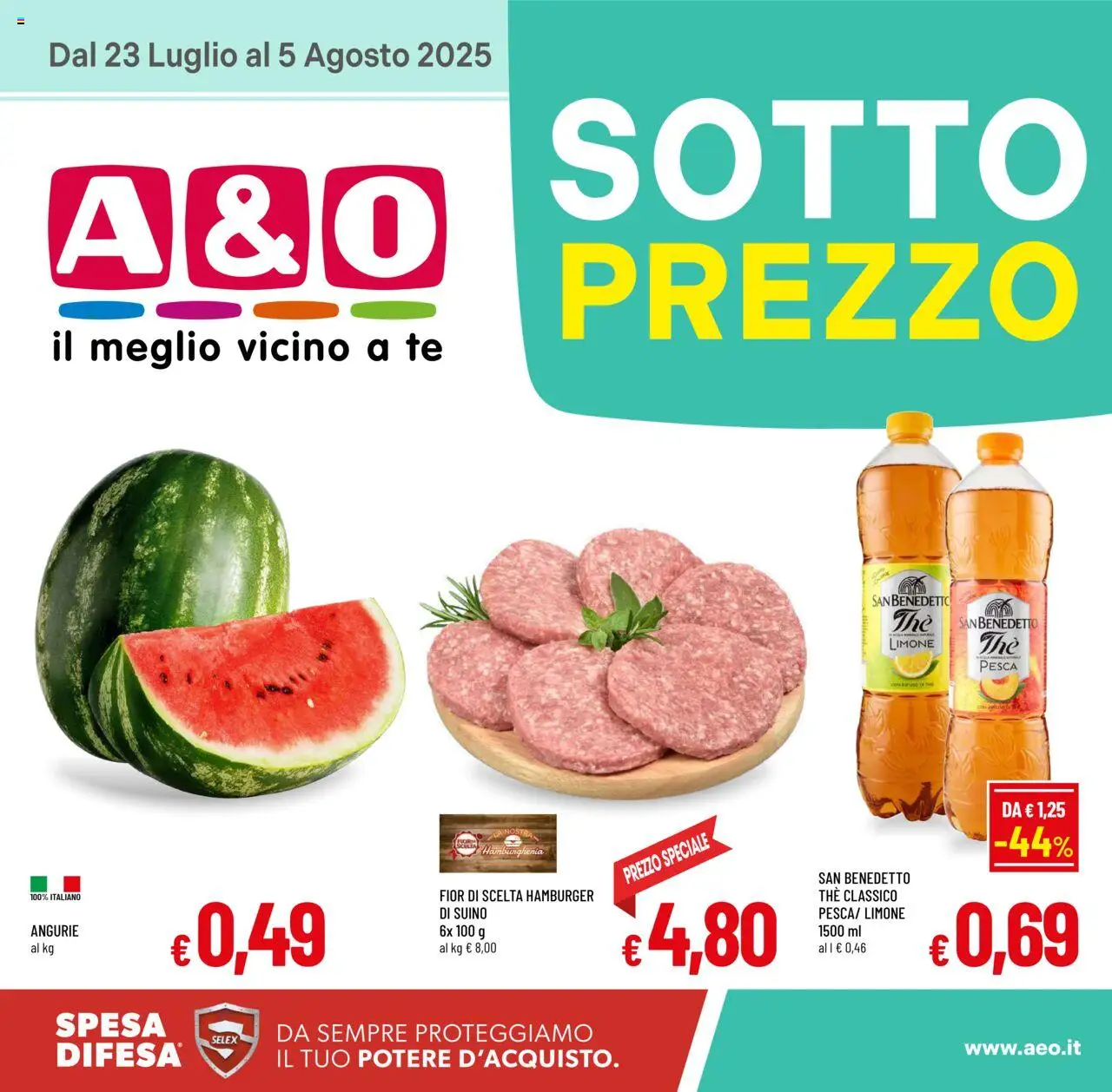 Volantino A&O del 23.07.2025 | Pagina: 1 | Prodotti: Limone, Pesca, The, Hamburger