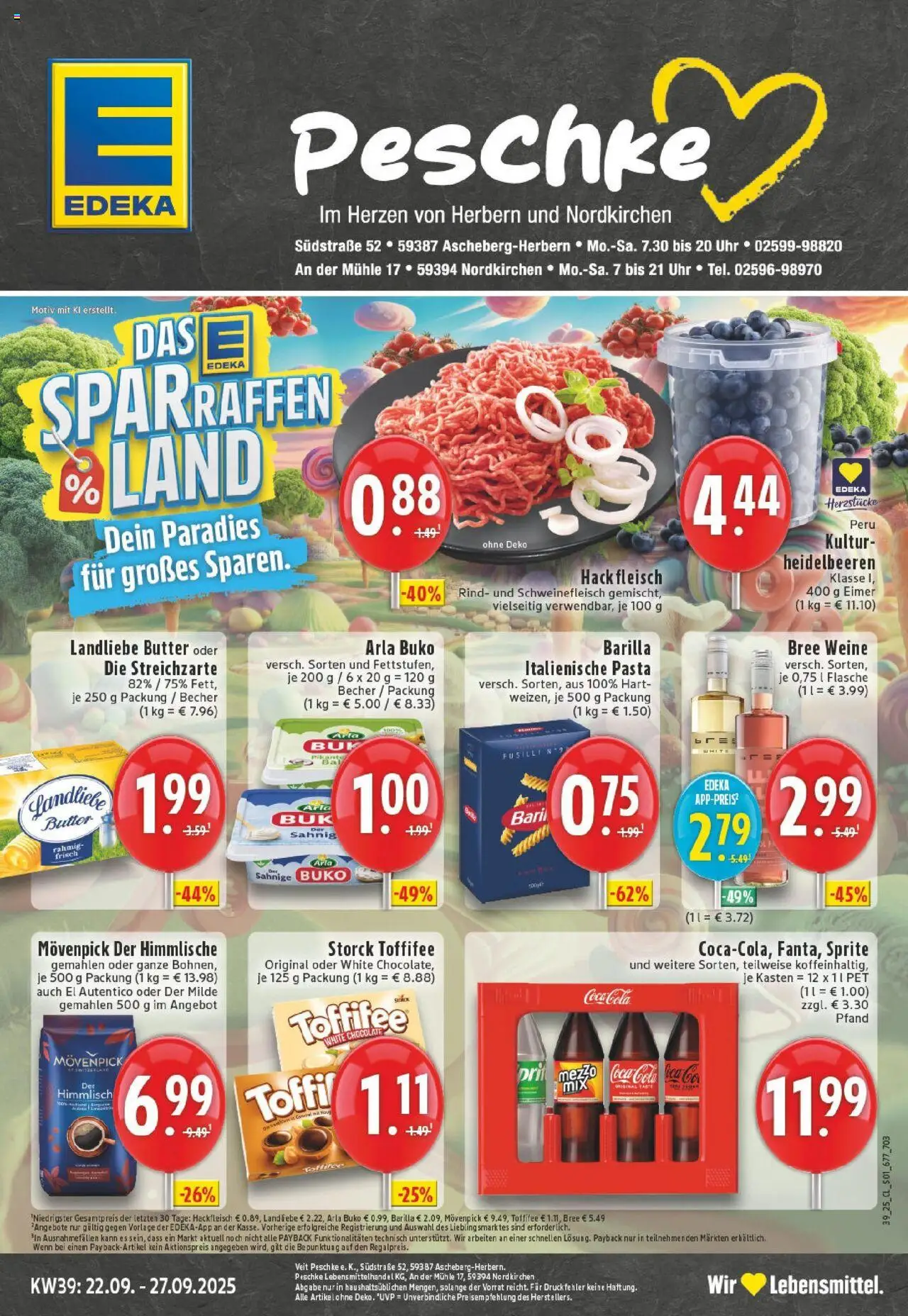 Edeka prospekt Ascheberg-Herbern	 – gültig ab 21.09.2025 | Seite: 1 | Produkte: Cola, Landliebe butter, Schweinefleisch, Uhr