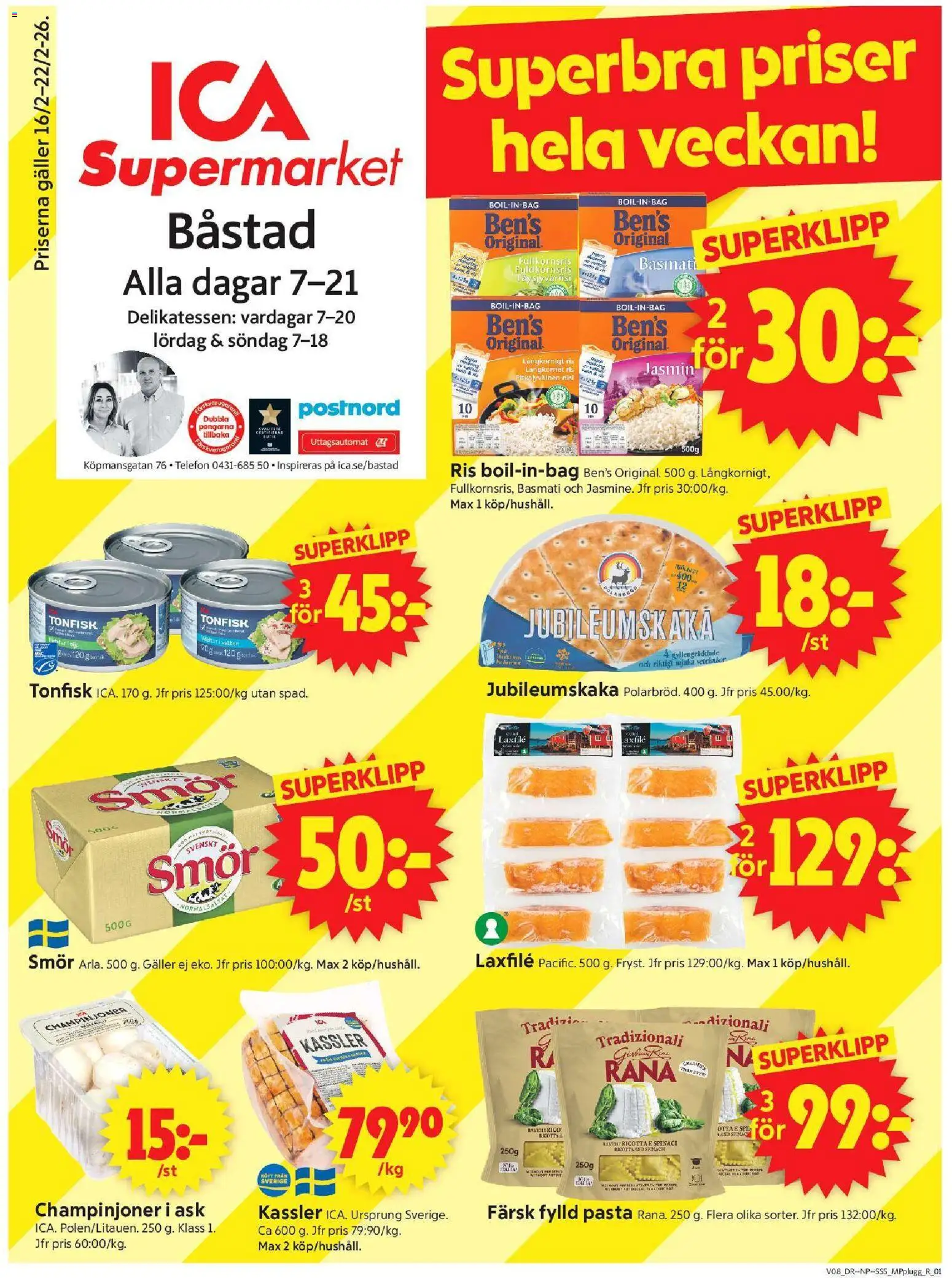 ICA Supermarket reklamblad aktuell från 16.02.2026 | Sida: 1 | Produkter: Galler, Champinjoner, Ris, Telefon