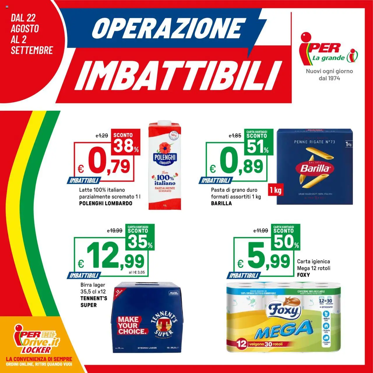 Volantino Iper del 24.08.2025 | Pagina: 1 | Prodotti: Carta igienica, Birra, Pasta, Penne