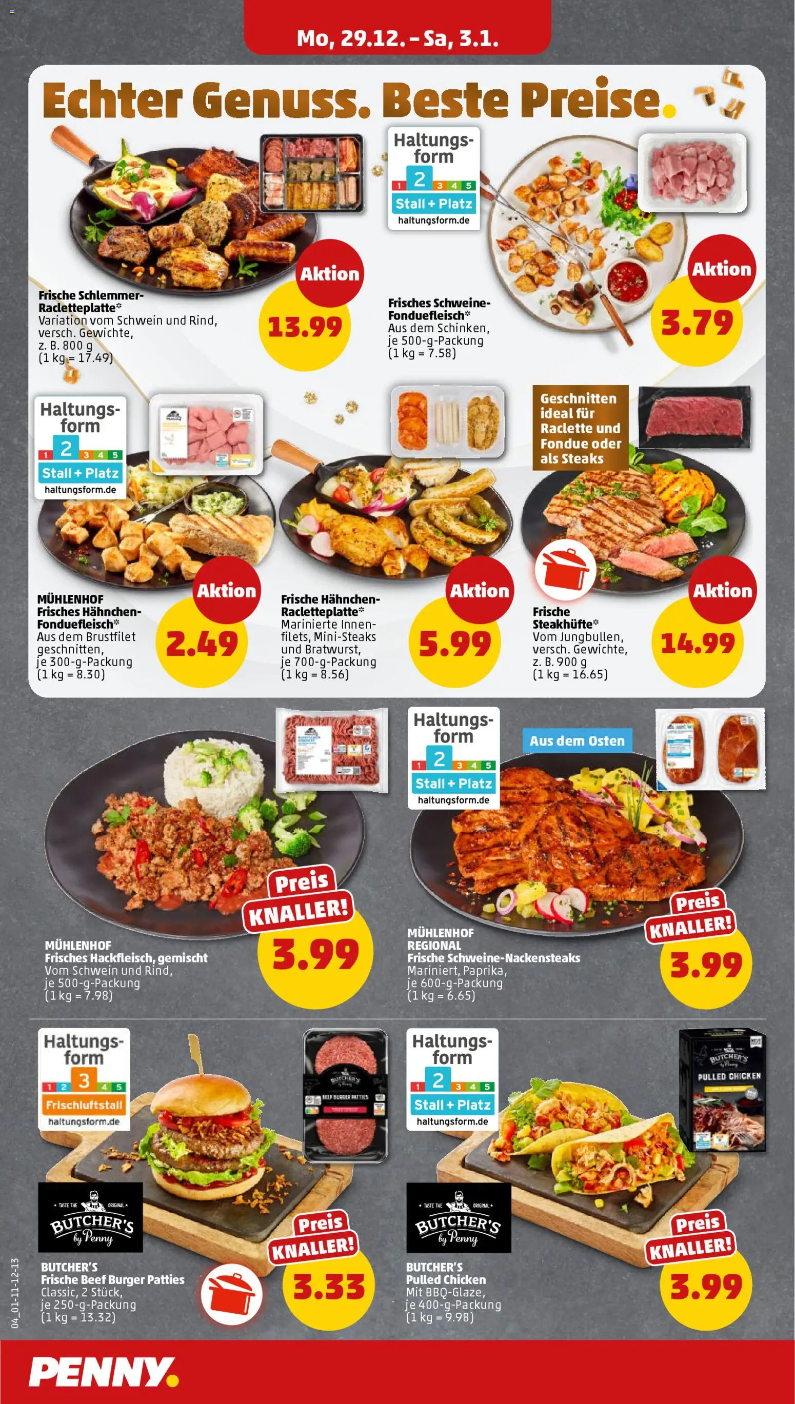 Penny Prospekt 	 – gültig ab 29.12.2025 | Seite: 4 | Produkte: Hahnchen, Burger, Raclette, Fondue