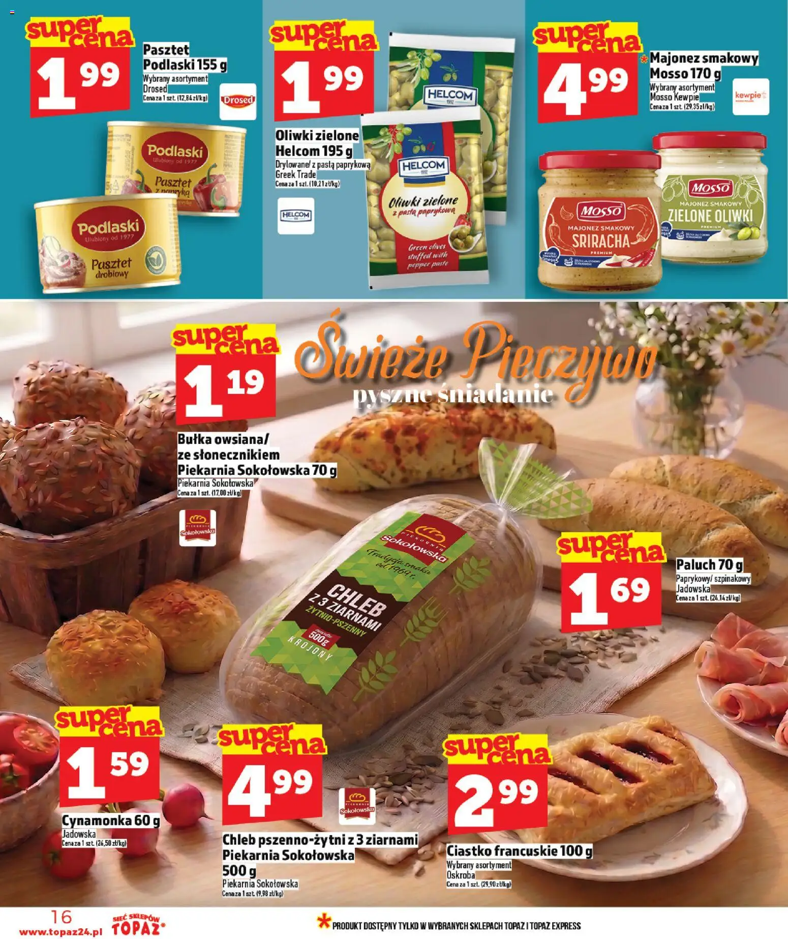 Topaz gazetka - MAZ od 23.04.2026 | Strona: 16 | Produkty: Oliwki zielone, Bułka, Chleb, Majonez