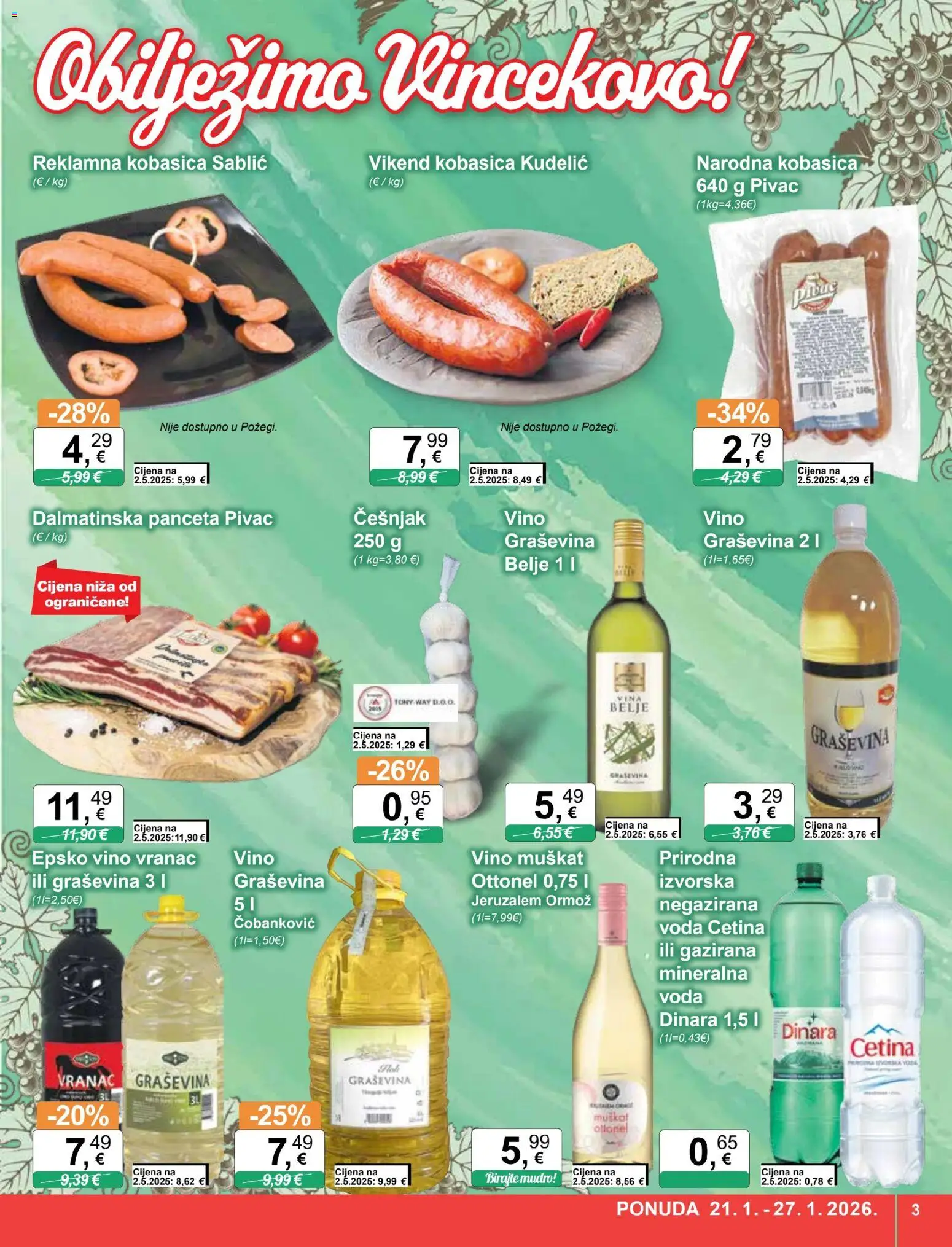 KTC katalog | vrijedi od 21.01.2026 | Stranica: 3 | Proizvodi: Gazirana mineralna voda, Vino, Kobasica, Češnjak