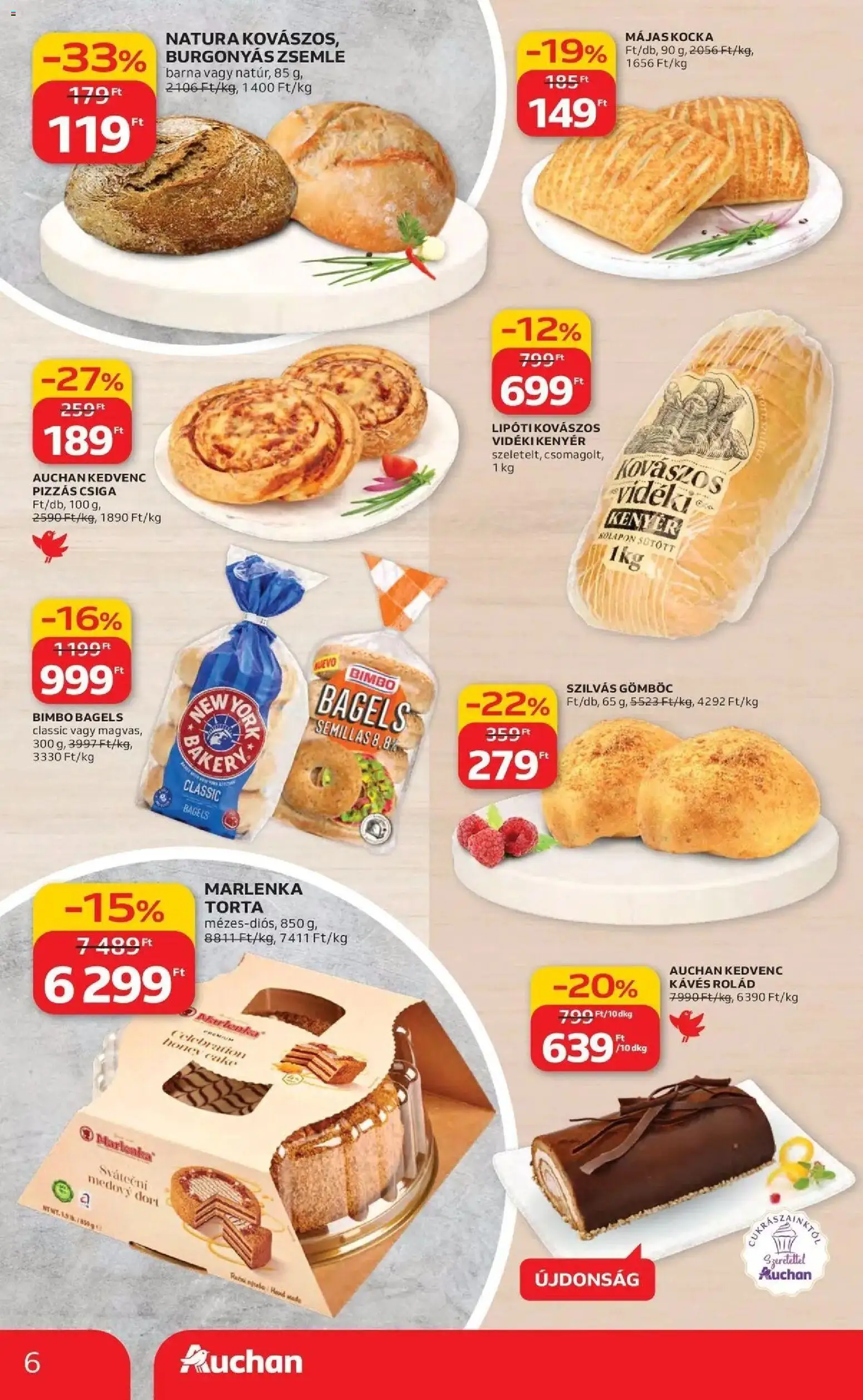 Auchan akciós ujság - amely érvényes a következő dátumtól: 19.03.2026 | Oldal: 6 | Termékek: Torta, Zsemle, Kenyér