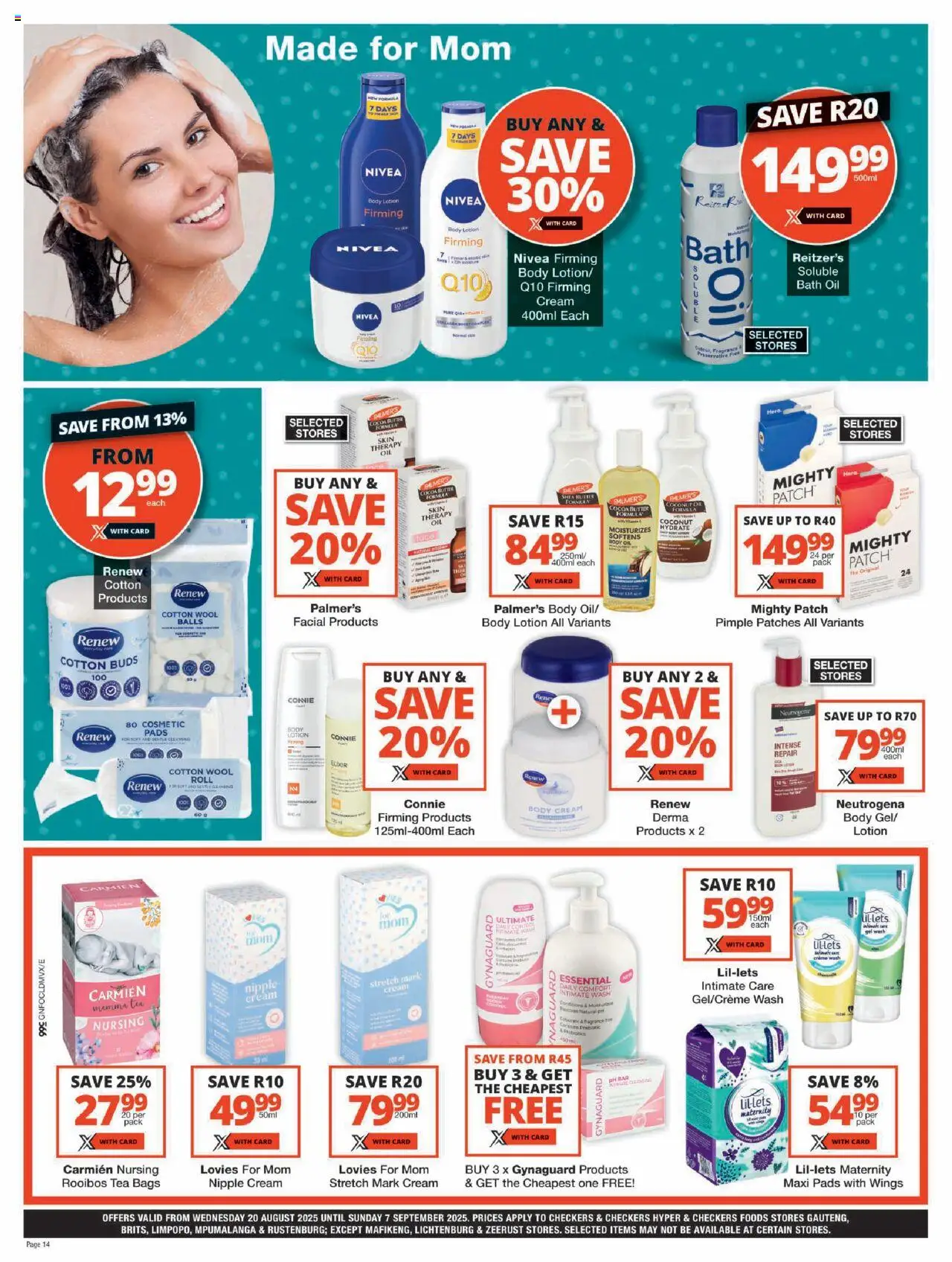 Checkers Gauteng - Baby Promotion │ valid from 20.08.2025 | Page: 14 | Products: Pads, Butter, Preservative, Lotion