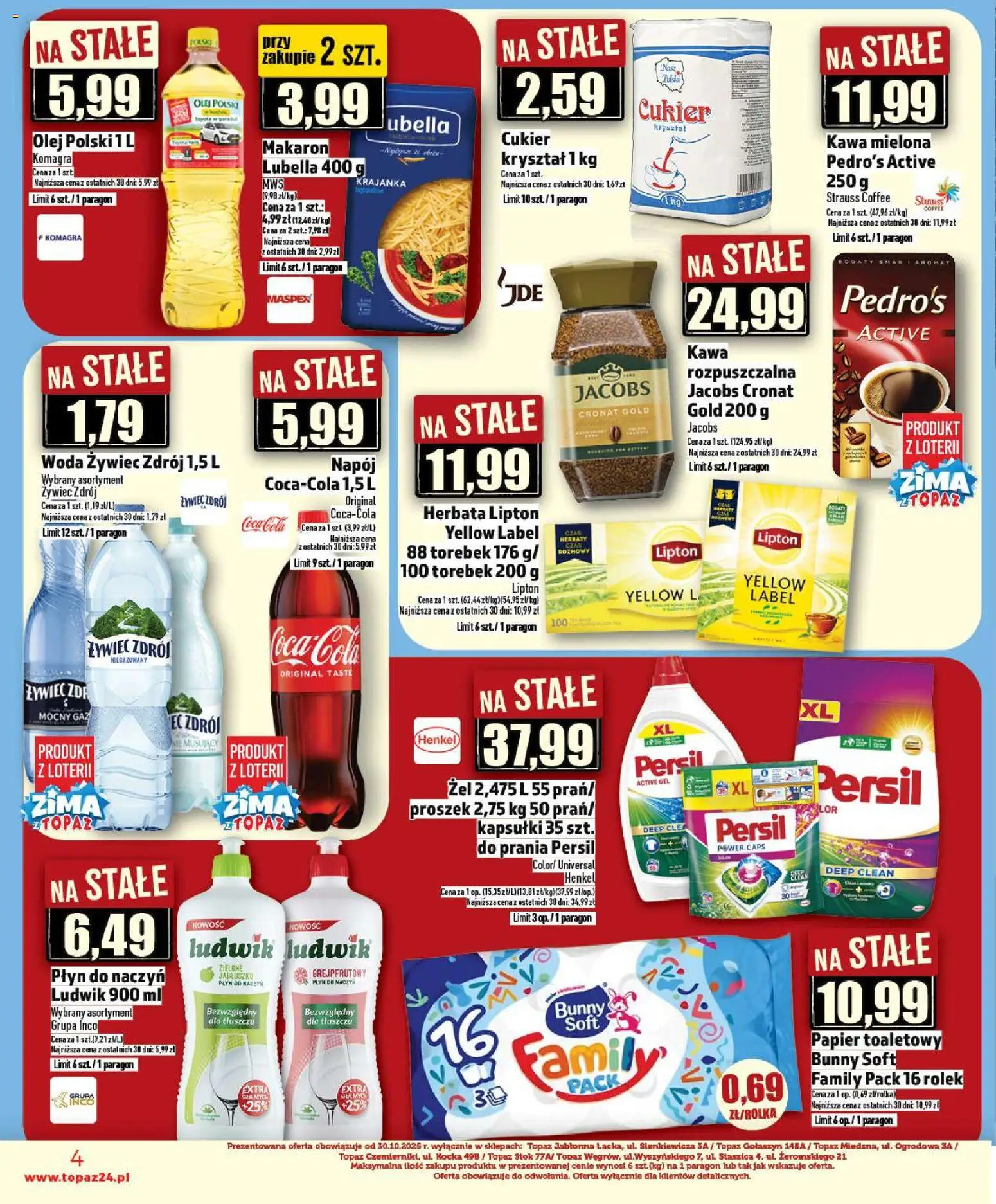 Topaz Gazetka - Ceny małe na stałe od 27.12.2025 | Strona: 4 | Produkty: Olej, Herbata, Makaron, Cukier