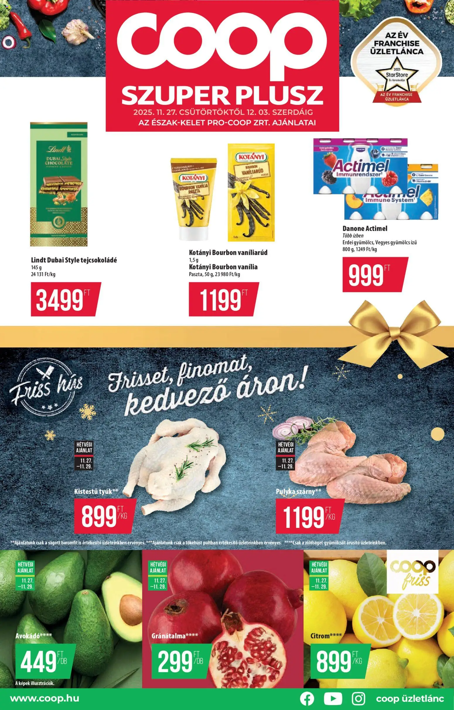 COOP akciós ujság - amely érvényes a következő dátumtól: 27.11.2025 | Oldal: 1 | Termékek: Gyümölcs, Actimel, Gránátalma, Avokádó