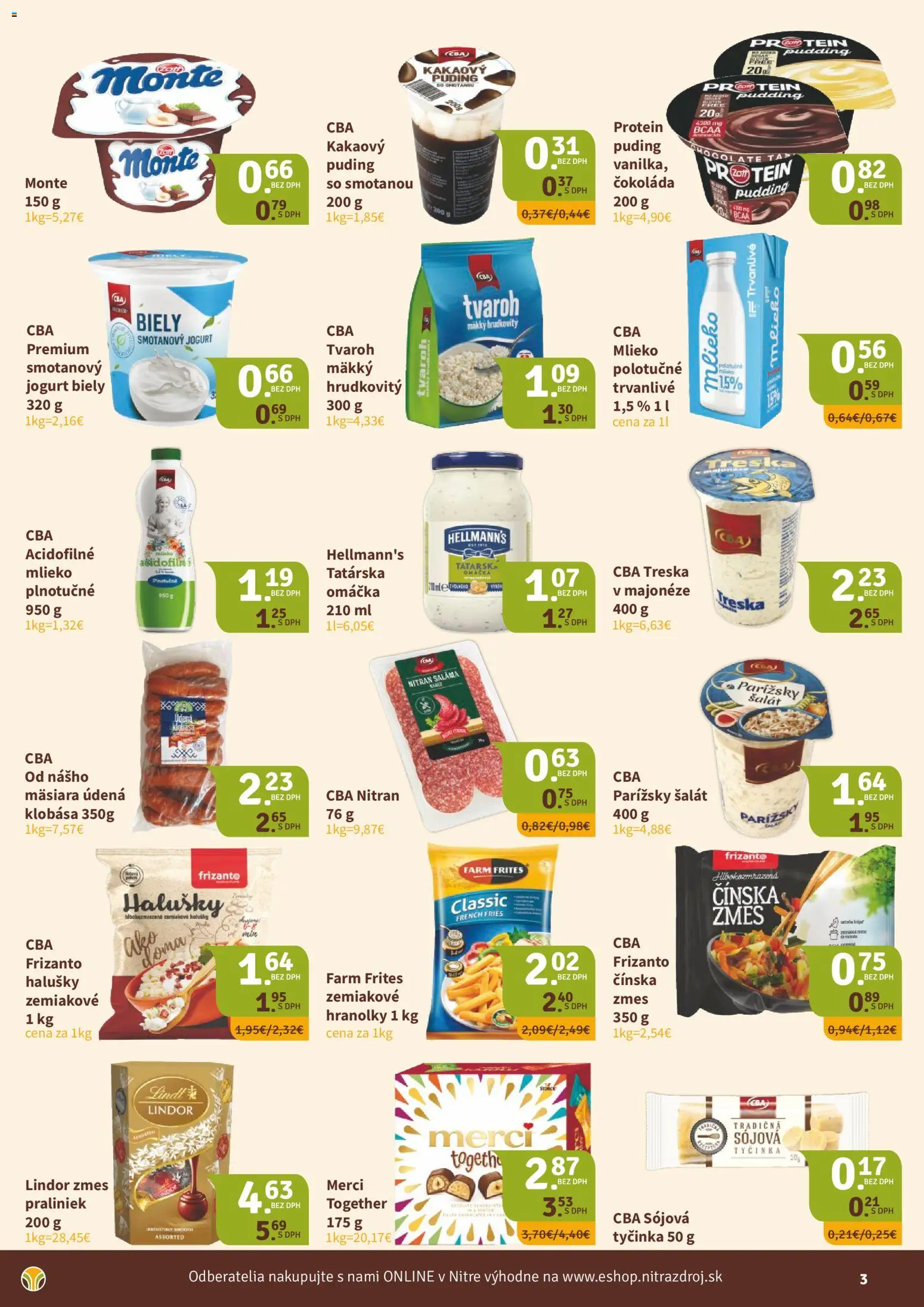 Nové Nitrazdroj akcie – leták je platný od 08.01.2026 | Strana: 3 | Produkty: Merci, Tvaroh, Šalát, Omáčka
