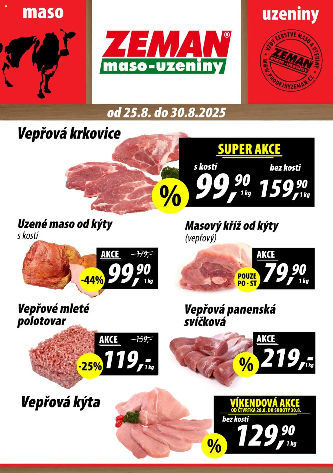 Prodejny Zeman leták od 25.08.2025 | Strana: 1 | Produkty: Maso, Vepřová Kýta, Krkovice, Vepřová krkovice