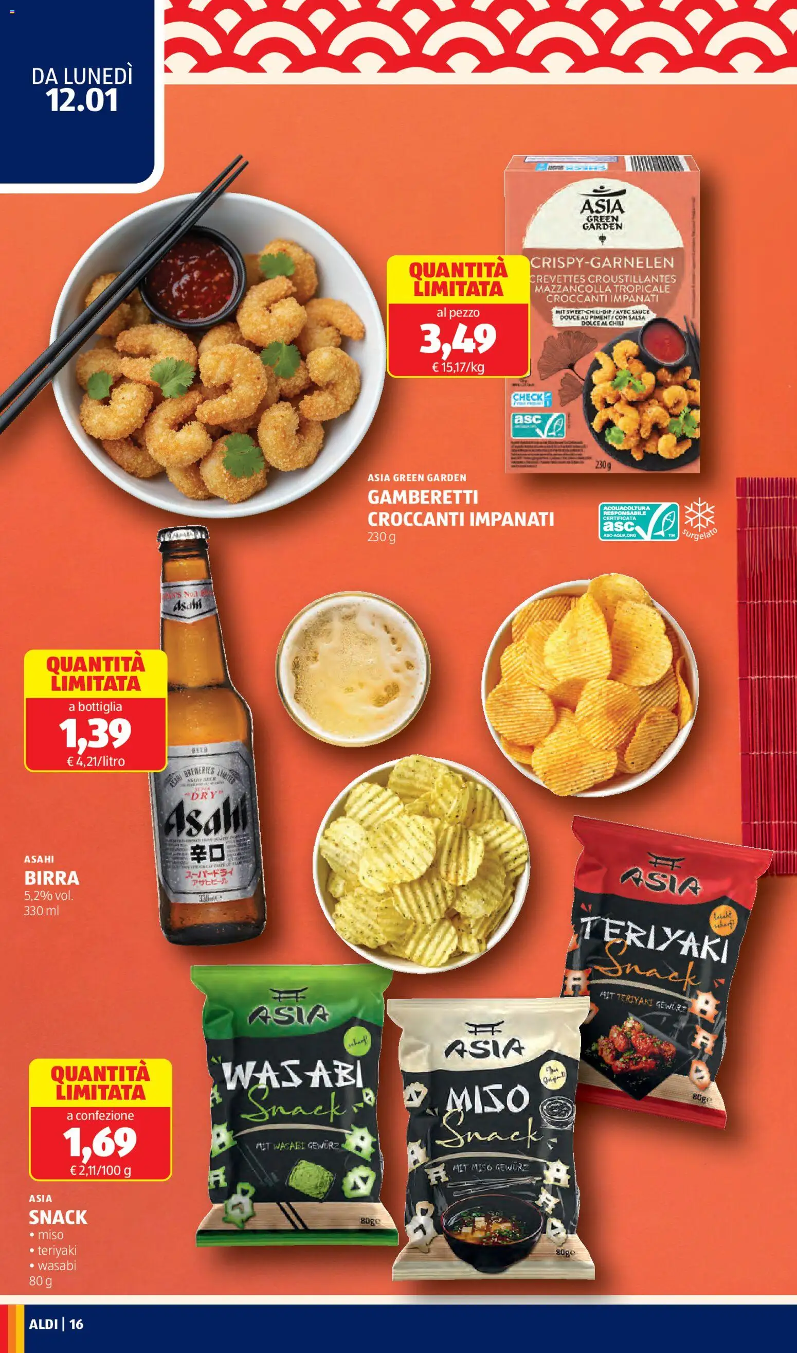 Volantino Aldi del 12.01.2026 | Pagina: 16 | Prodotti: Birra, Salsa, Bottiglia, Gamberetti