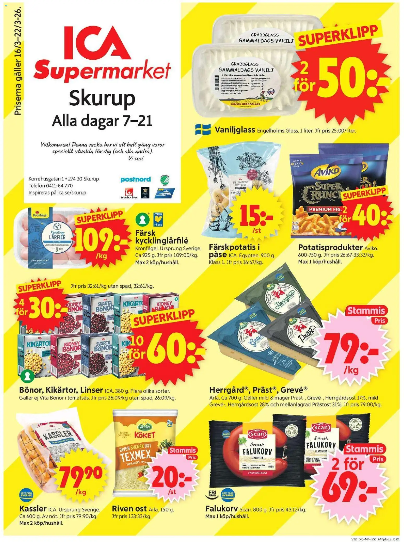 ICA Supermarket reklamblad aktuell från 16.03.2026 | Sida: 1 | Produkter: Svarta bönor, Galler, Ost, Telefon