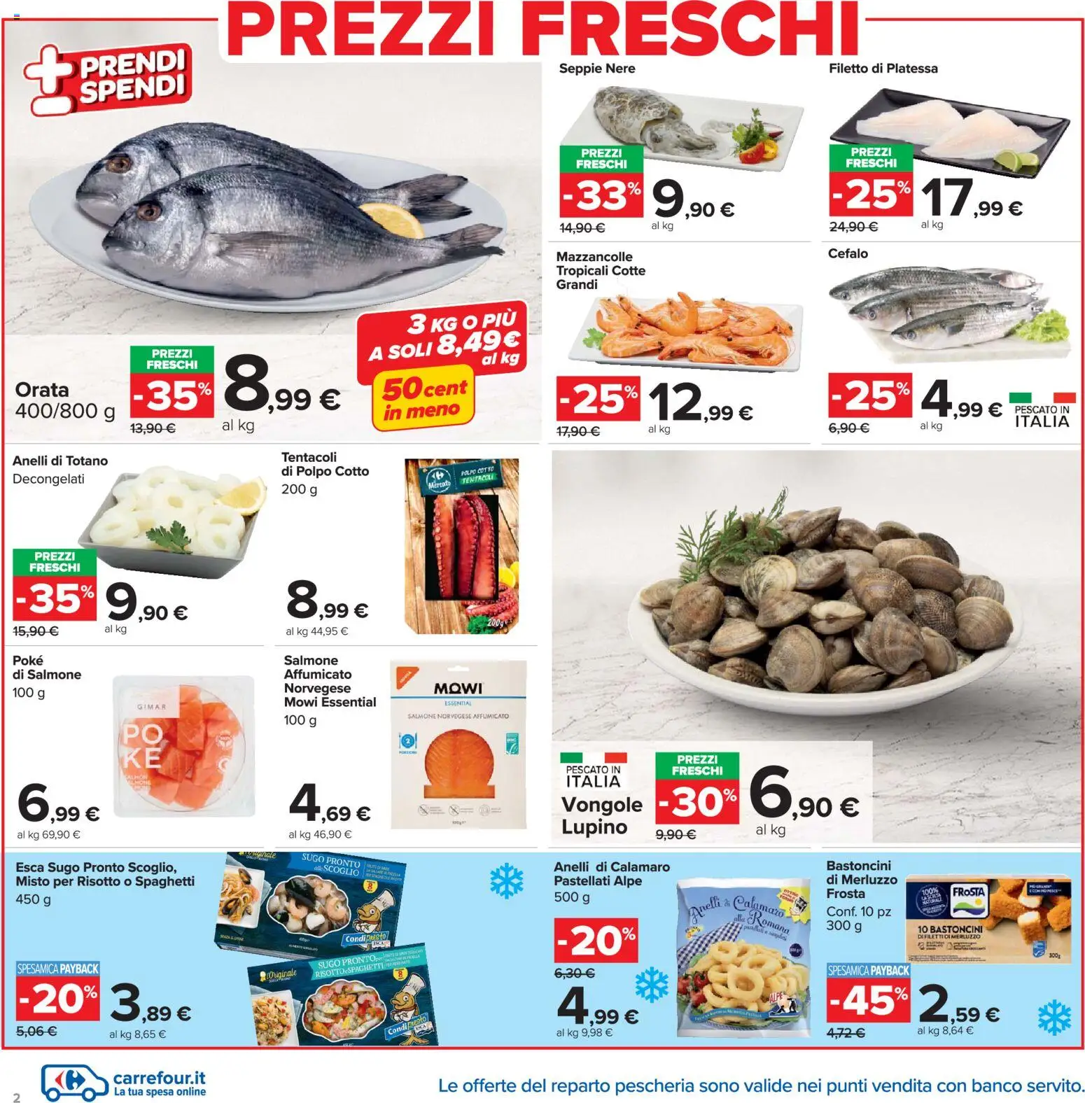 Volantino Carrefour del 02.03.2026 | Pagina: 2 | Prodotti: Salmone, Merluzzo, Vongole, Polpo