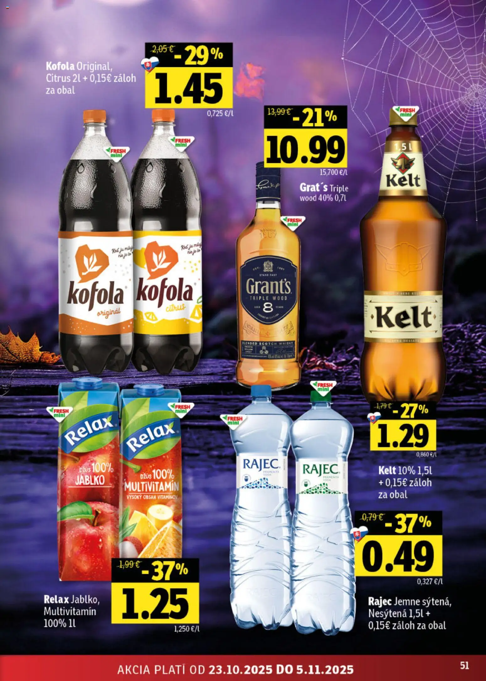 Nové Fresh akcie – leták je platný od 23.10.2025 | Strana: 51 | Produkty: Džús, Kelt, Kofola, Whisky
