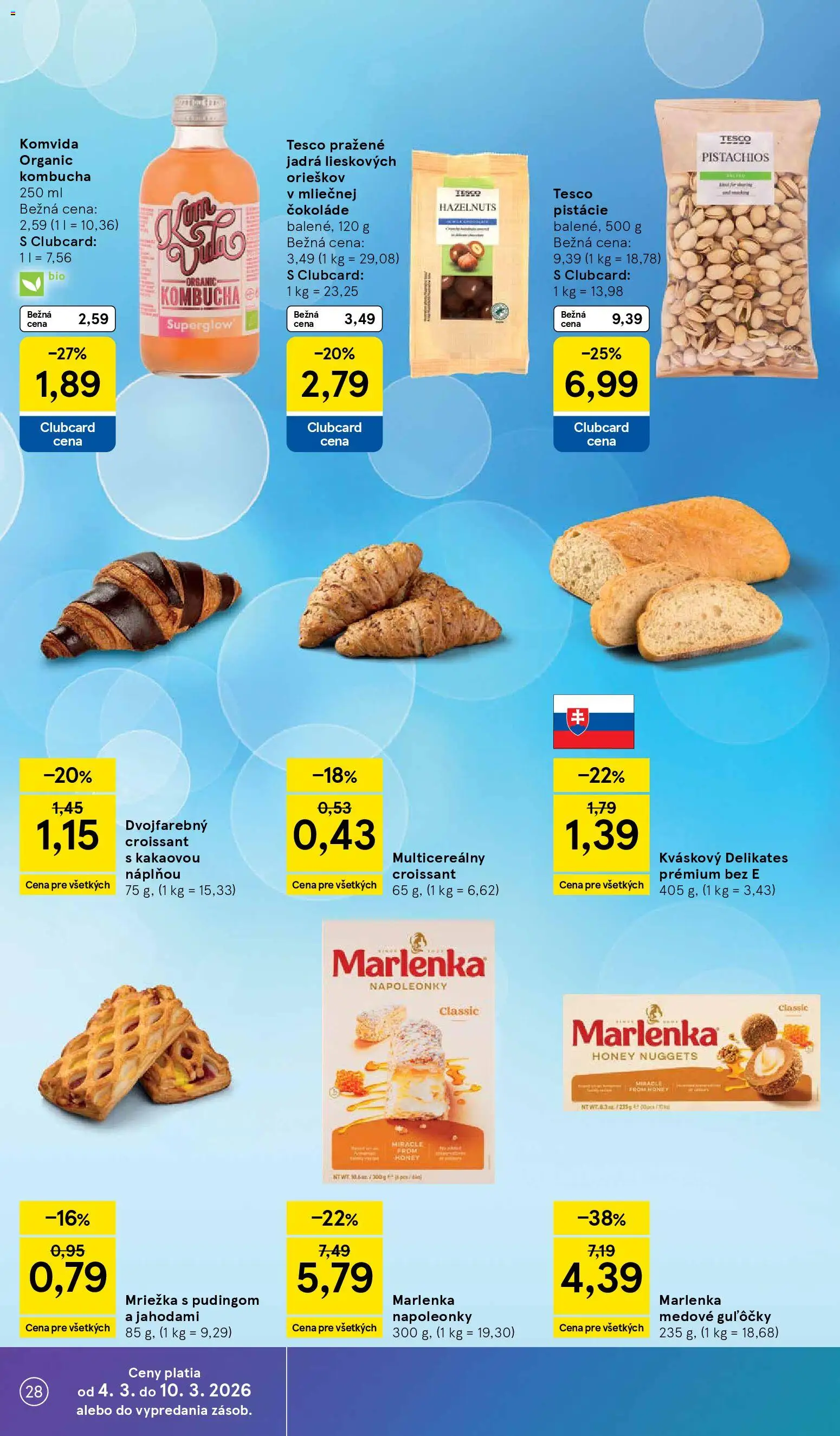 Nové Tesco akcie – leták je platný od 04.03.2026 | Strana: 28 | Produkty: Croissant, Marlenka, Pistácie