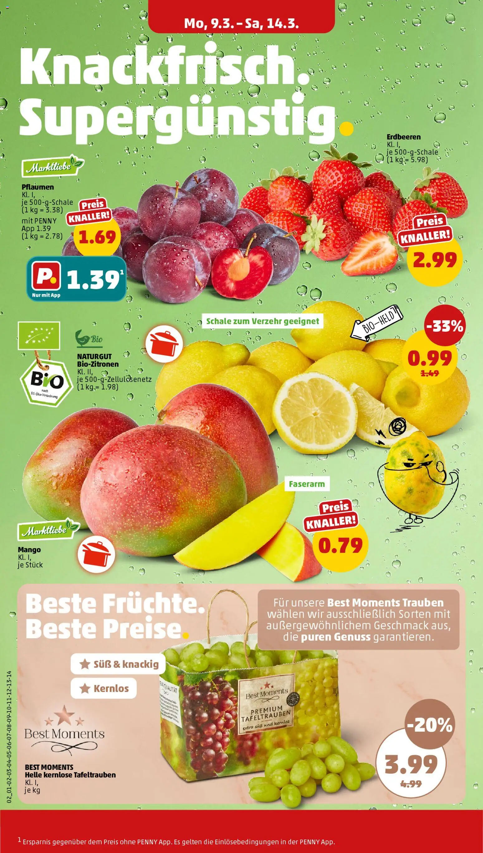 Penny Prospekt 	 – gültig ab 09.03.2026 | Seite: 4 | Produkte: Pflaumen, Trauben, Mango, Erdbeeren