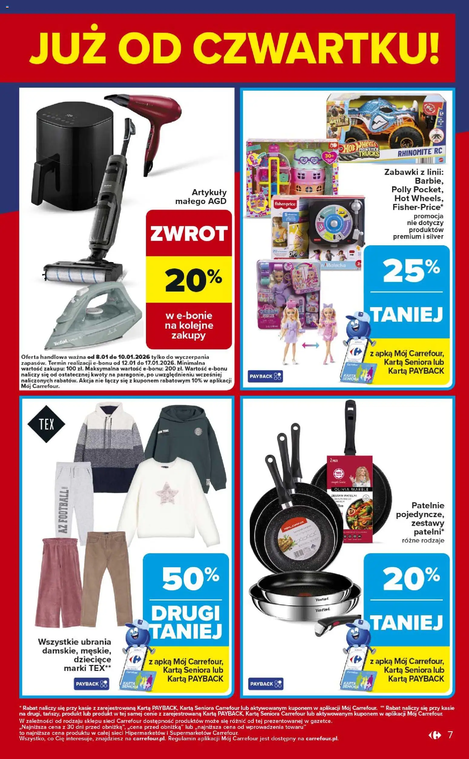Carrefour Gazetka - Weekend okazji od 08.01.2026 | Strona: 7 | Produkty: Ubrania, Karta, Patelnie, Tefal