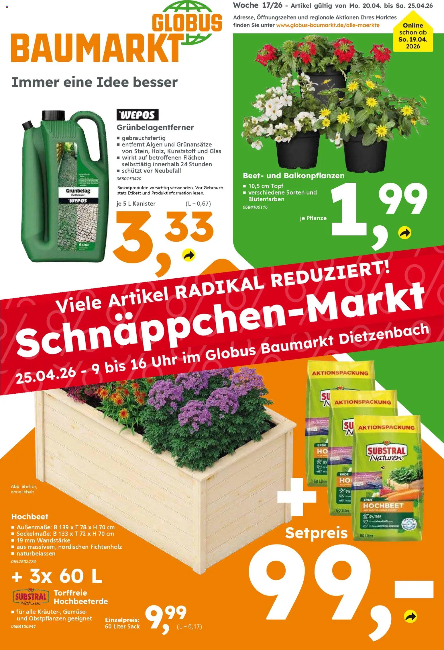 Globus Baumarkt Prospekt Dietzenbach	 – gültig ab 20.04.2026 | Seite: 1 | Produkte: Hochbeet, Gemüse, Uhr