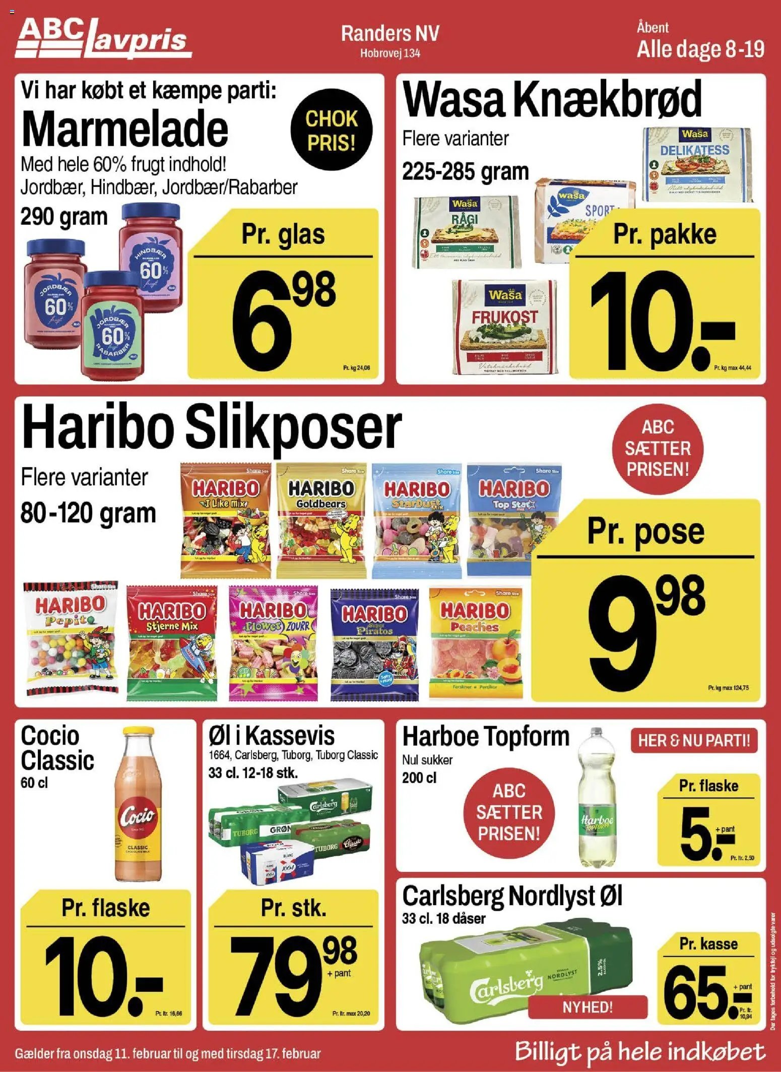 Abc Lavpris tilbudsavis – gyldig fra 11.02.2026 | Side: 1 | Produkter: Ferskner, Knækbrød, Marmelade, Sukker