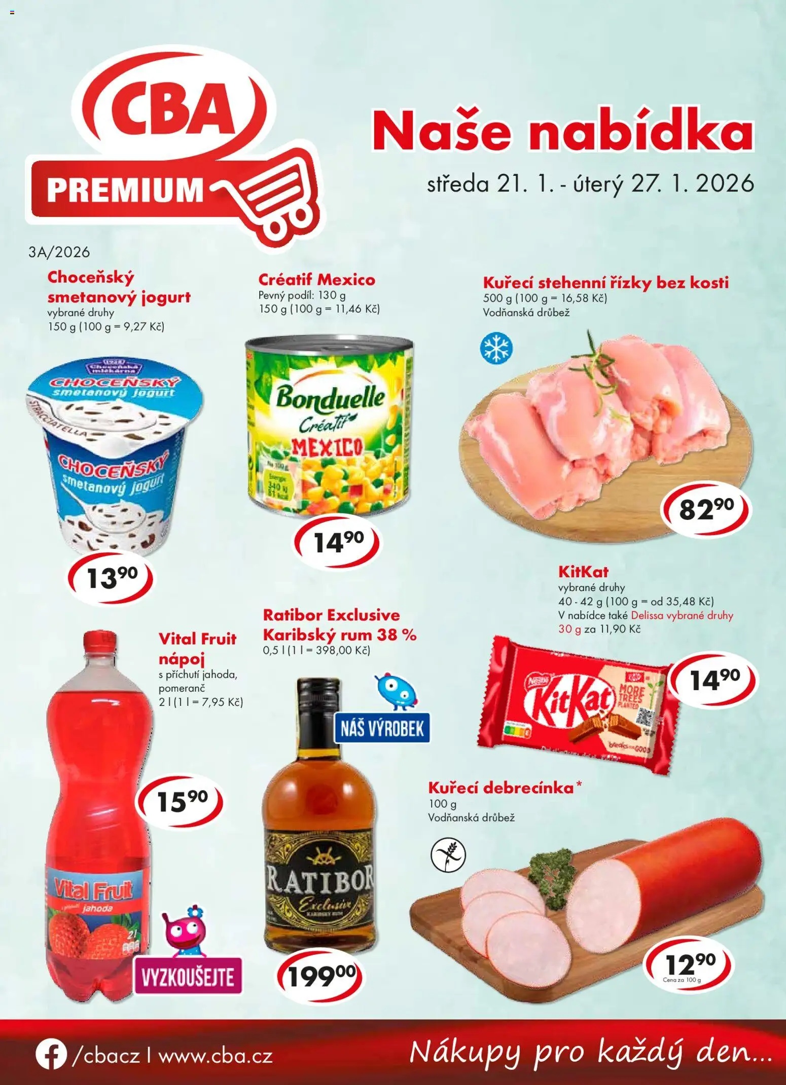 CBA leták - Premium od 21.01.2026 | Strana: 1 | Produkty: Rum, Kuřecí stehenní řízky, Kuřecí debrecínka, Stehenní řízky