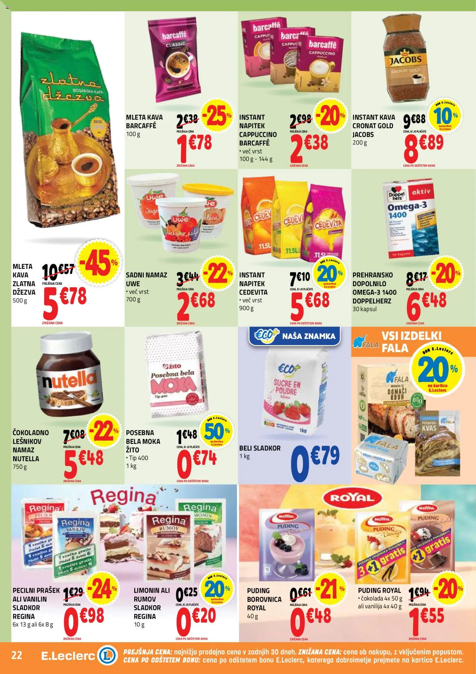 Novi E.leclerc katalog ponudbe – veljaven od 25.03.2026 | Stran: 22 | Izdelki: Prašek, Moka, Instant kava, Cokolada