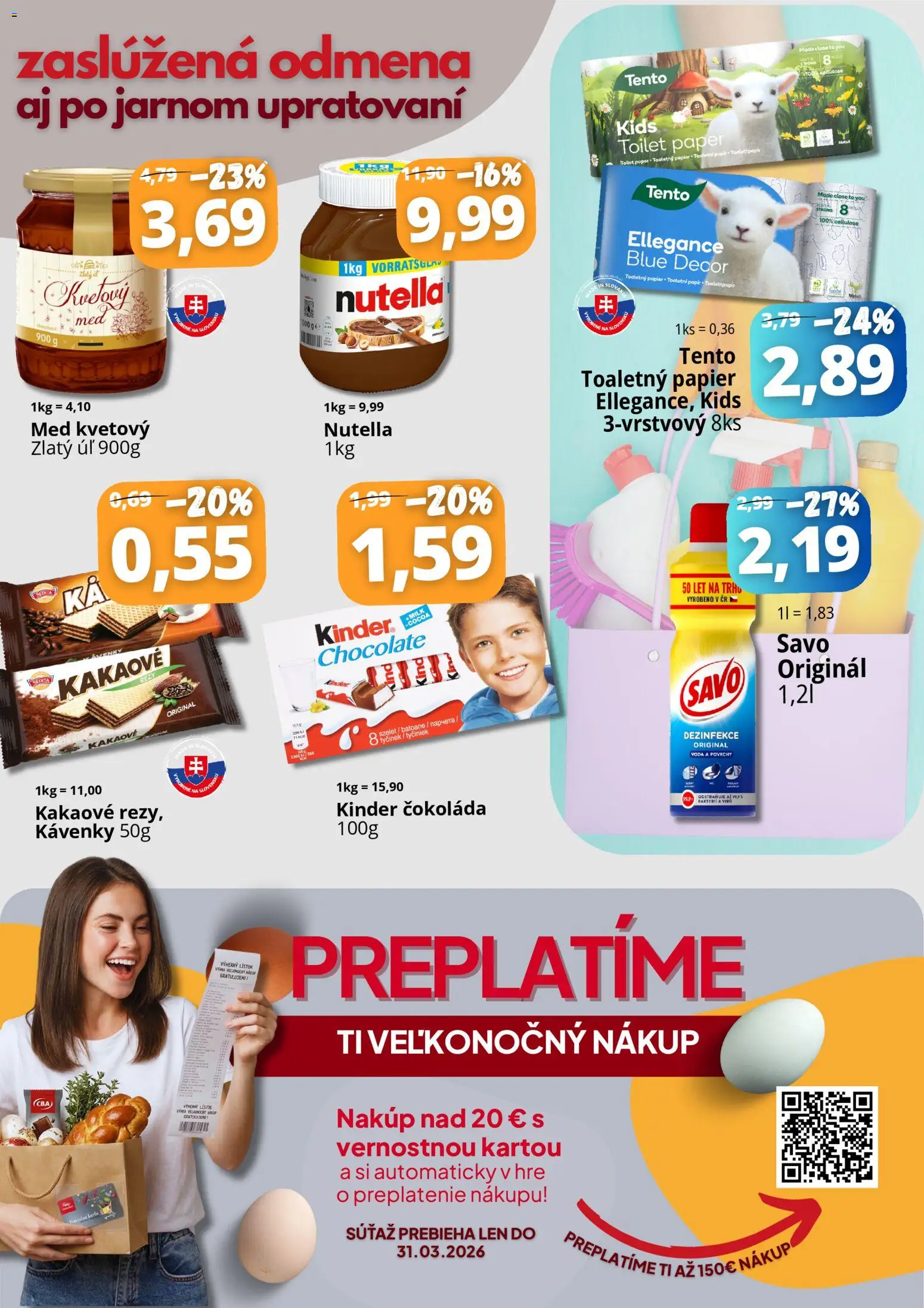 Nové CBA Komfos akcie – leták je platný od 27.03.2026 | Strana: 3 | Produkty: Pás, Kinder, Toaletný papier, Med