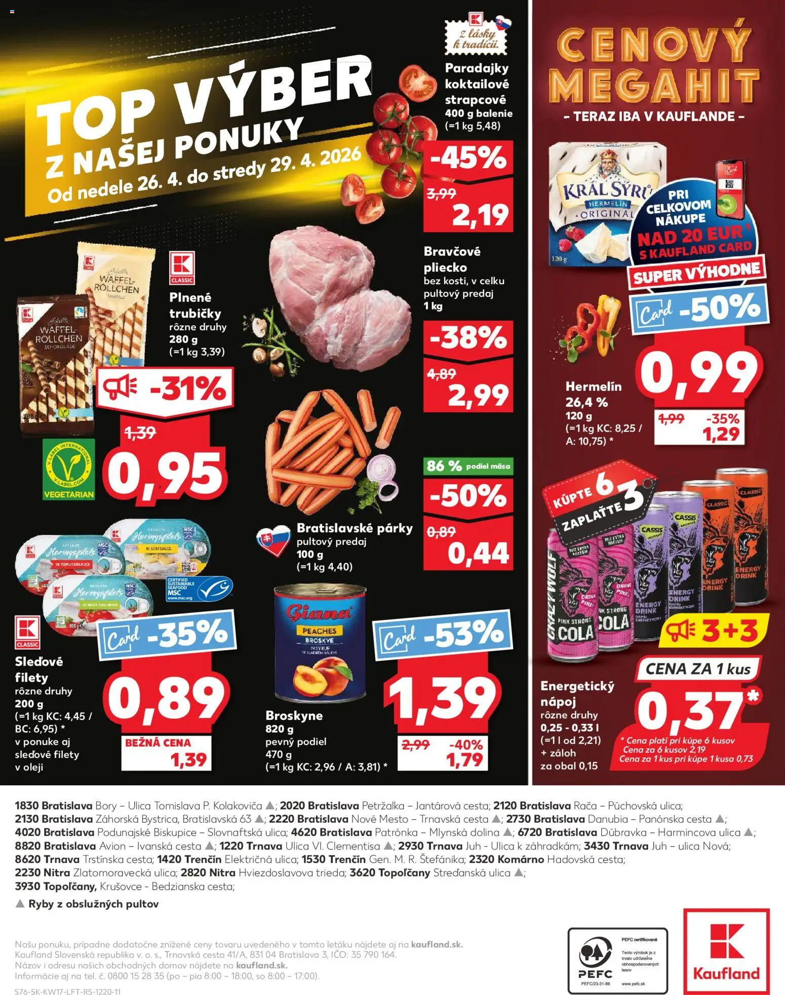 Nové Kaufland akcie – leták je platný od 23.04.2026 | Strana: 76 | Produkty: Paradajky, Ryby, Broskyne, Energetický nápoj
