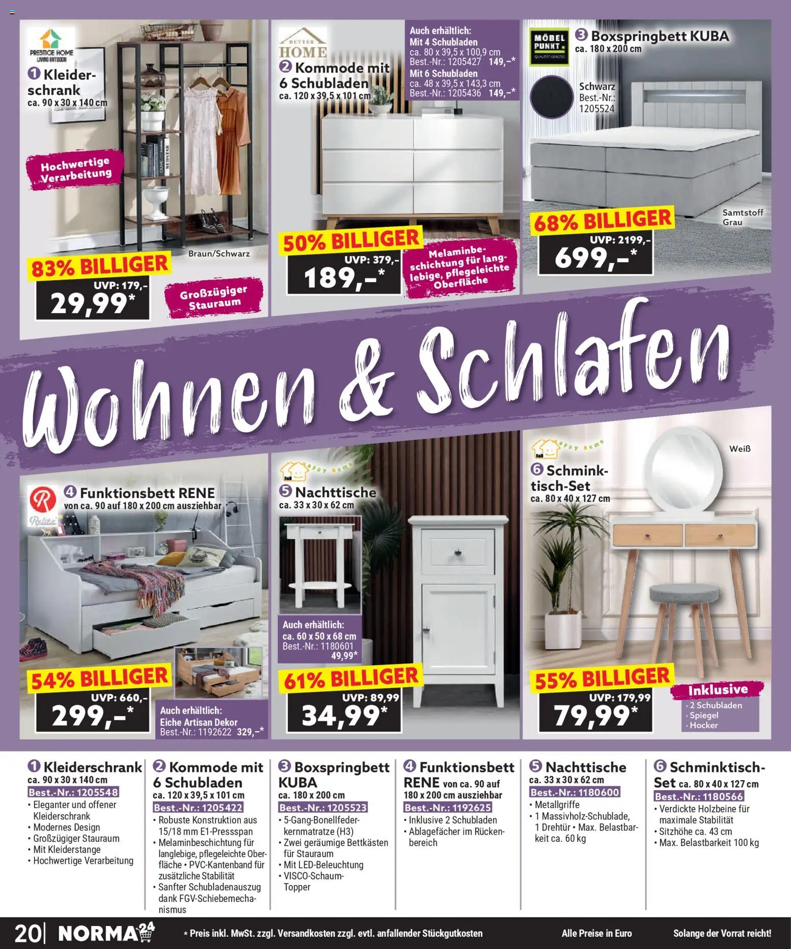 Norma Bestellmagazin Januar 2026 – gültig ab 01.01.2026 | Seite: 20 | Produkte: Hocker, Kommode, Schminktisch, Spiegel