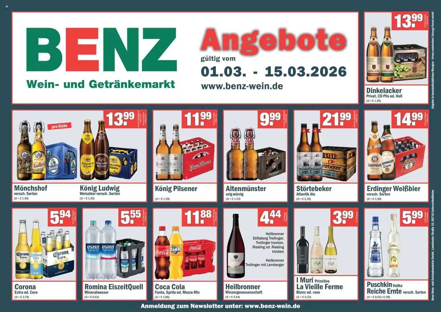 Benz Getränke Prospekt 	 – gültig ab 01.03.2026 | Seite: 1 | Produkte: Coca cola, Erdinger, Weißbier, Mineralwasser