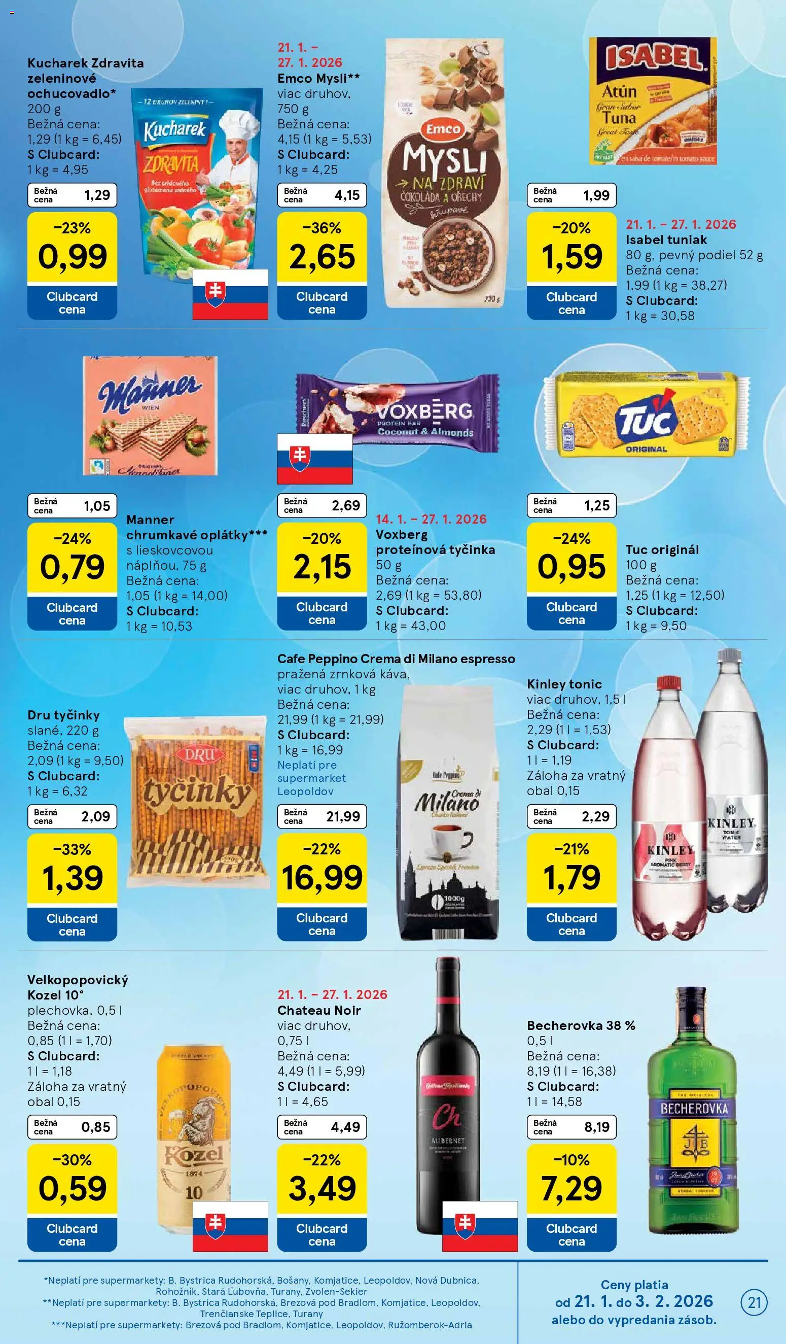 Nové Tesco akcie – leták je platný od 21.01.2026 | Strana: 21 | Produkty: Becherovka, Tuniak, Protein, Orechy